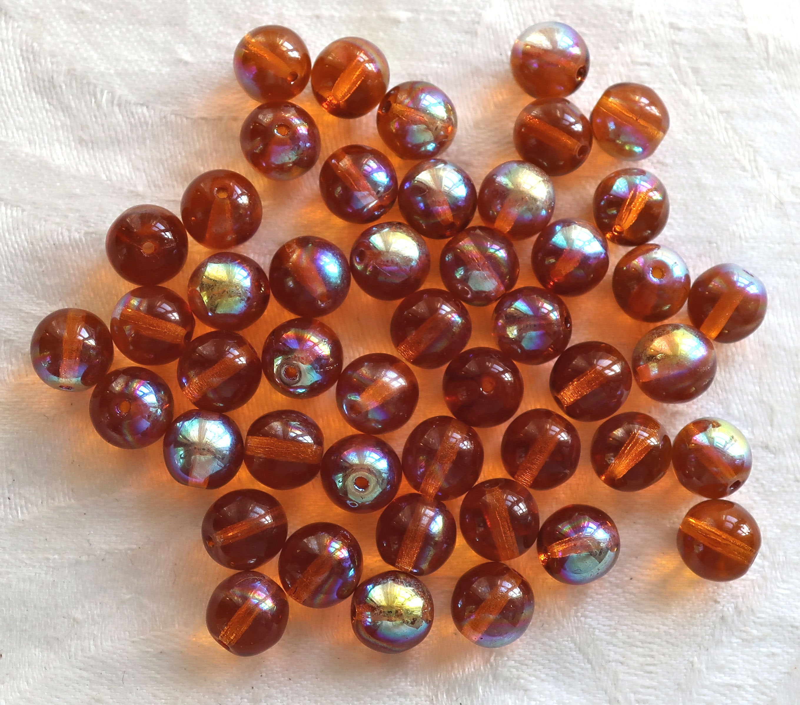 Lot of 25 8mm Topaz AB Czech glass druk beads, dark amber AB smooth round druks, C6201 - Glorious Glass Beads