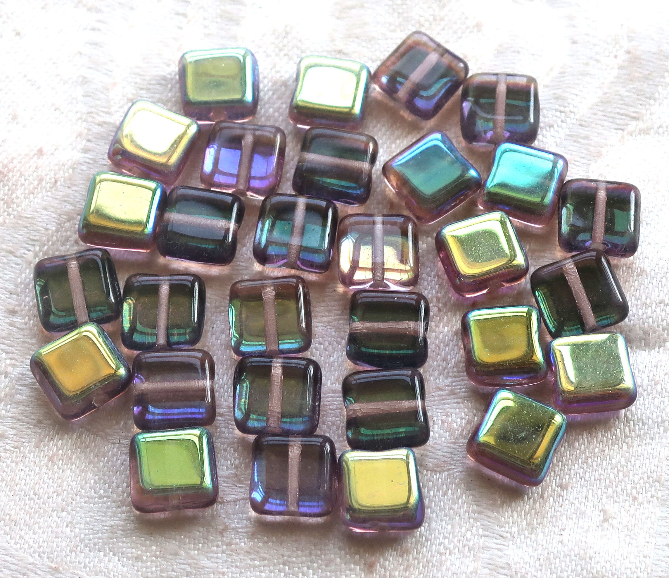 Lot of 30 8mm one hole flat square Czech glass beads, blue, green & purple mix with an iridescentt AB finish C10101 - Glorious Glass Beads