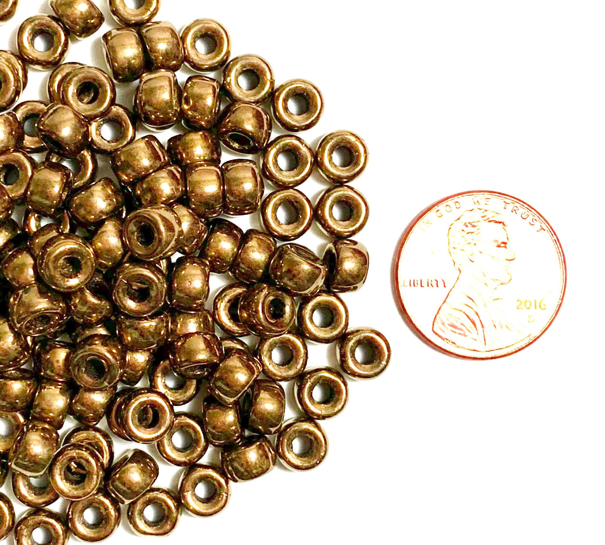 Fifty 6mm Czech light bronze pony roller beads, large hole glass crow beads - C0047
