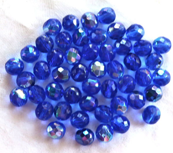 25 8mm Czech glass beads, Sapphire Blue AB, firepolished faceted round beads C1625