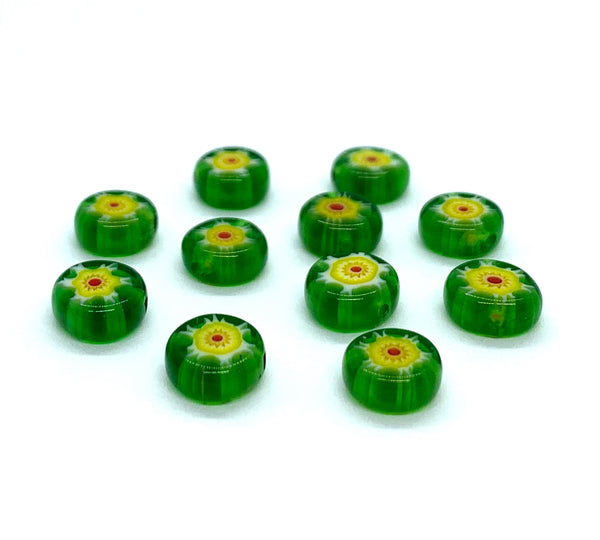 Ten 8mm cane or millefiori glass beads - green yellow and red coin or disc beads - C0008