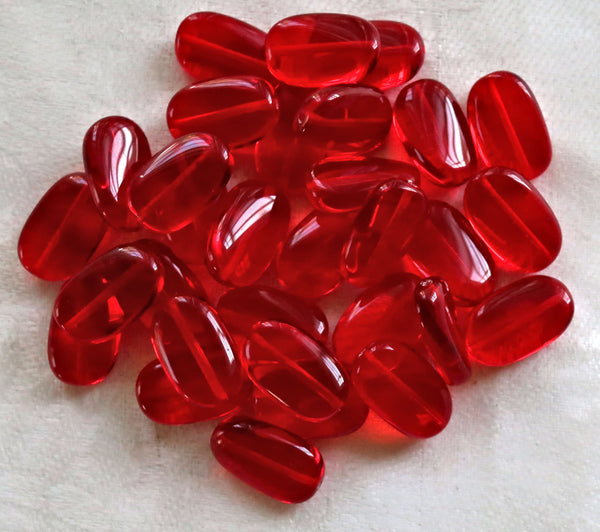 Lot of 15 transparent Siam Red slightly twisted oval Czech Glass beads, 14mm x 8mm pressed glass beads C0094