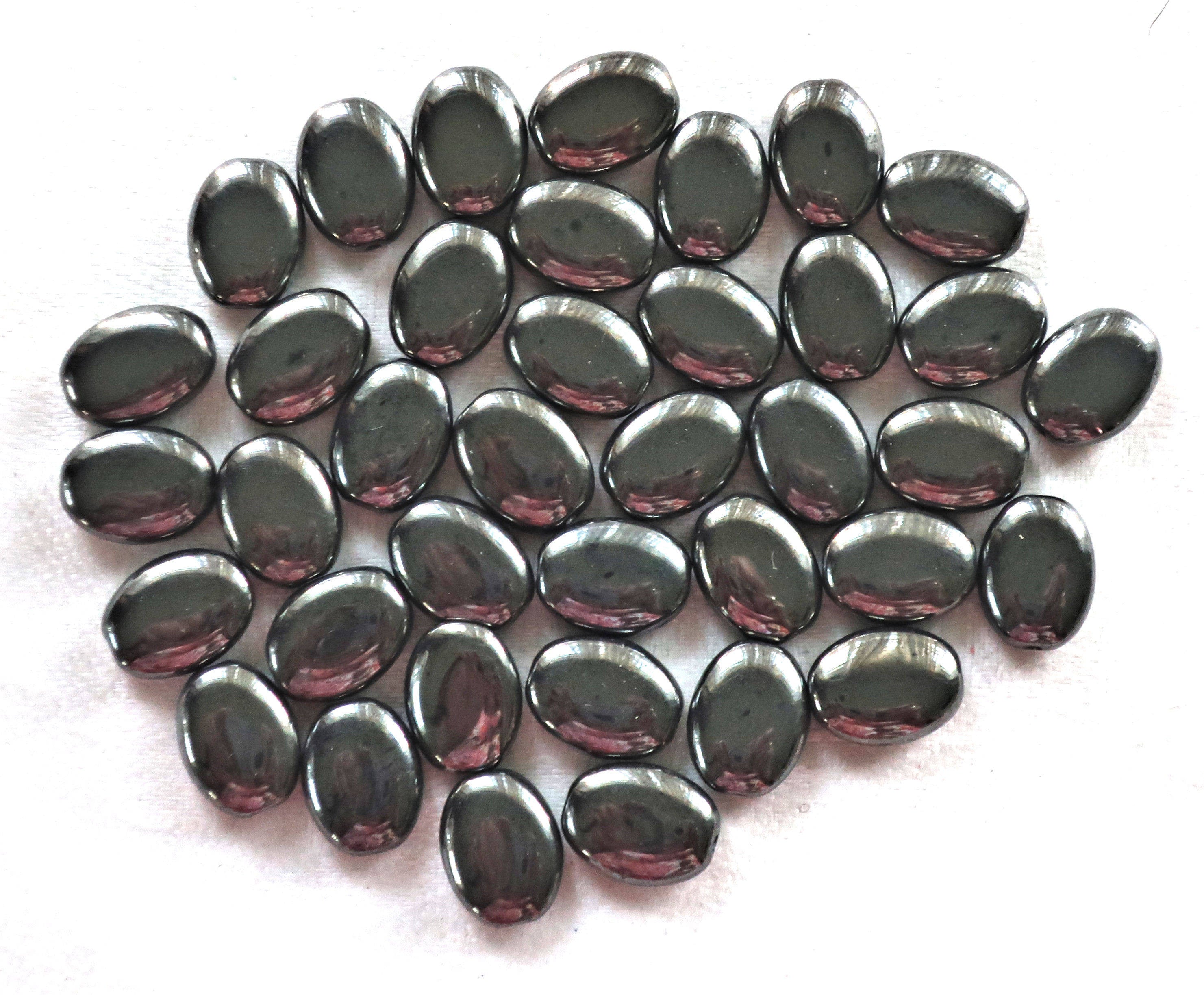 25 metallic gray hematite flat oval Czech Glass beads, 12mm x 9mm pressed glass beads C8125 - Glorious Glass Beads