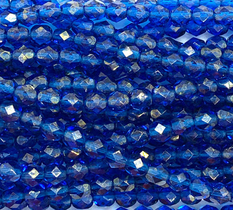 25 faceted round Czech glass beads - 6mm fire polished gold marbled luster Capri blue beads - C0044