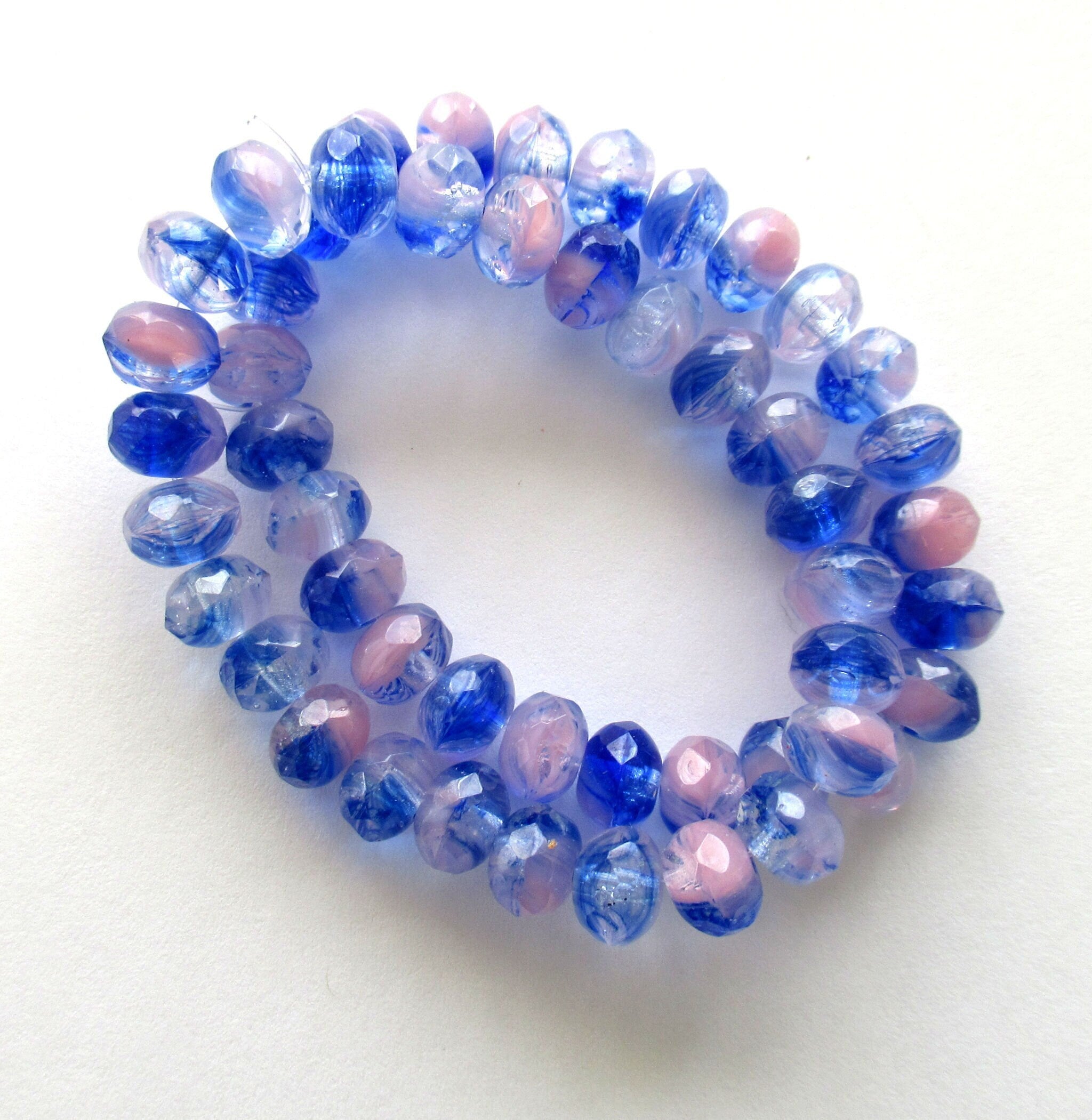 Lot of 25 Czech glass faceted puffy rondelle beads - 5 x 7mm pink, crystal & blue marbled mix rondelles C00612