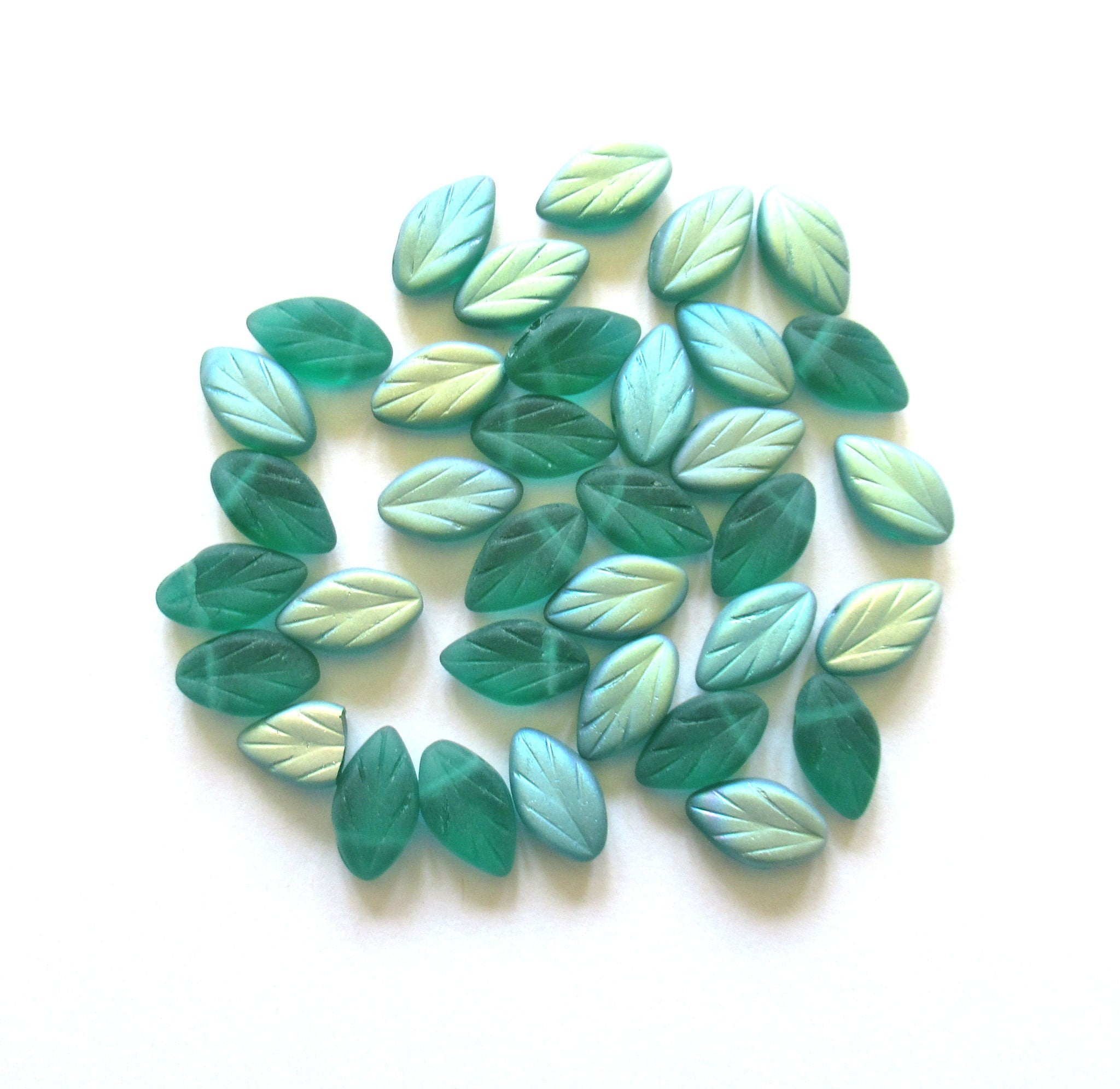 25 Czech glass beech leaf beads - side drilled 11 x 7mm matte teal blue green ab textured pressed glass beads - C0028