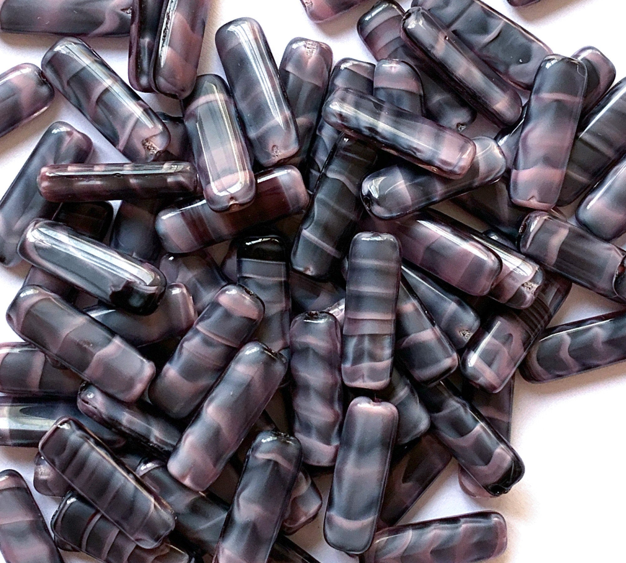 15 Czech glass flat tube beads - 6 x 17mm marbled, striped pink and gray beads C0311