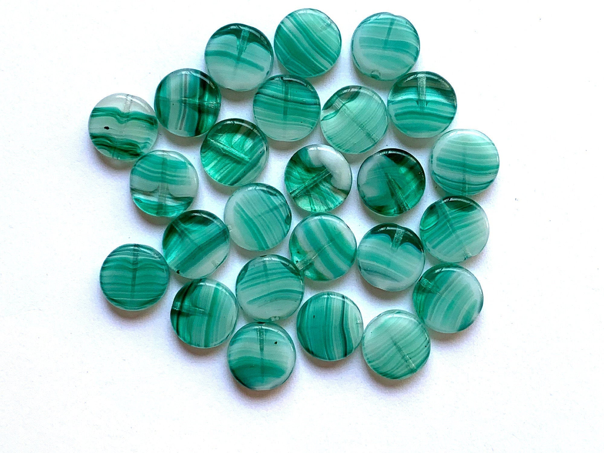 15 Czech glass coin beads -10mm  light teal blue green marbled, milky, striped disc beads C0057