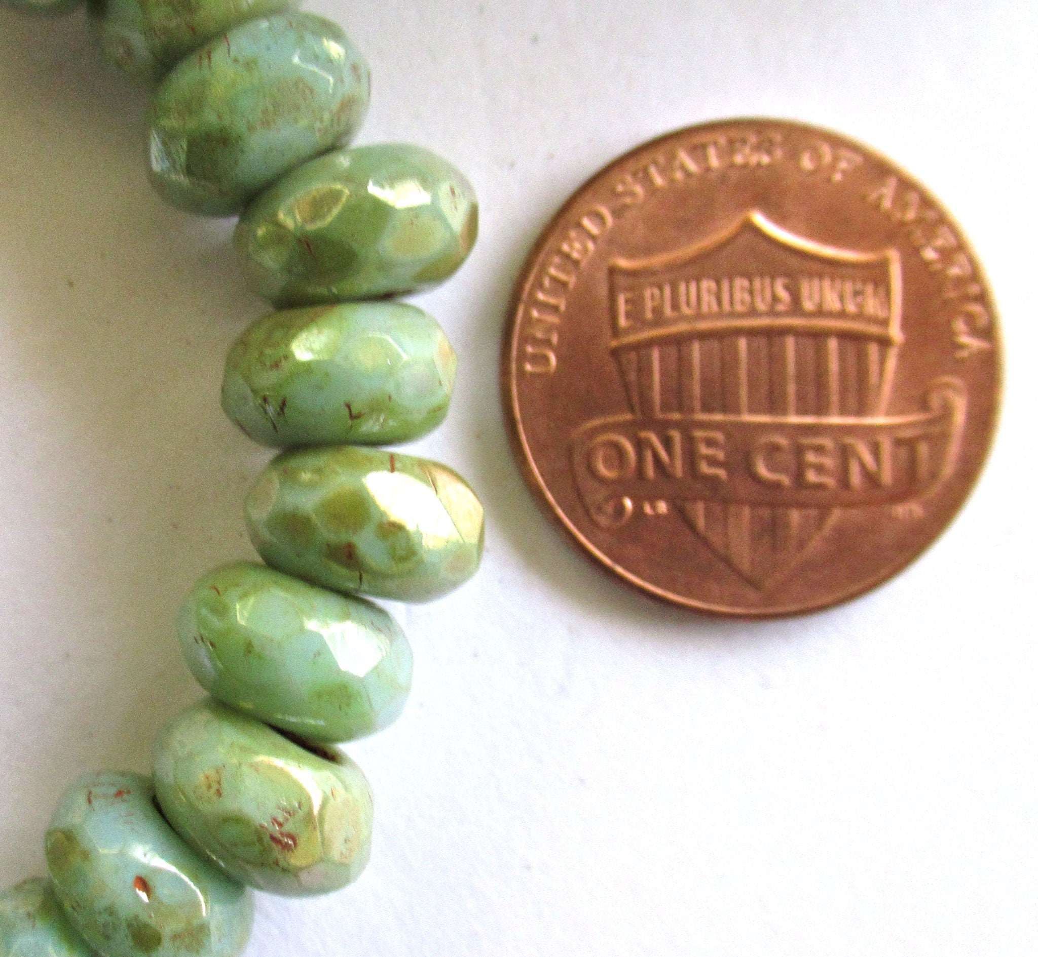 Ten 6 x 9mm turquoise green picasso Czech glass beads, faceted round roller, rondelle beads - big 3.5mm hole beads C0441