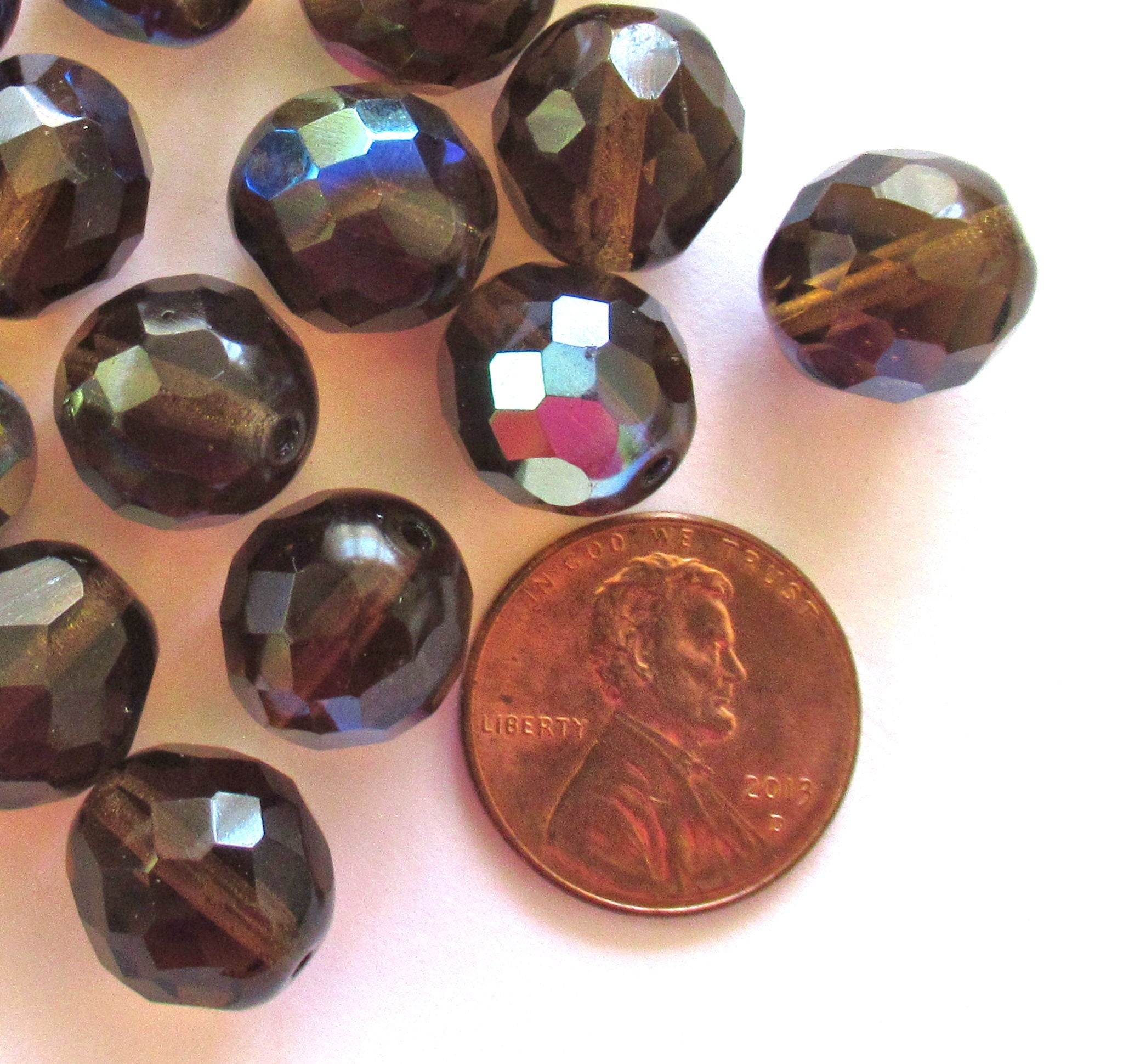 Ten Czech glass fire polished faceted round beads - 12mm smoky topaz brown ab beads C0089