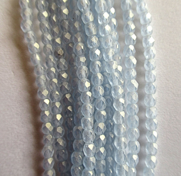 50 3mm faceted fire polished round Czech glass beads - Sueded Gold Light Sapphire Blue beads - C0004