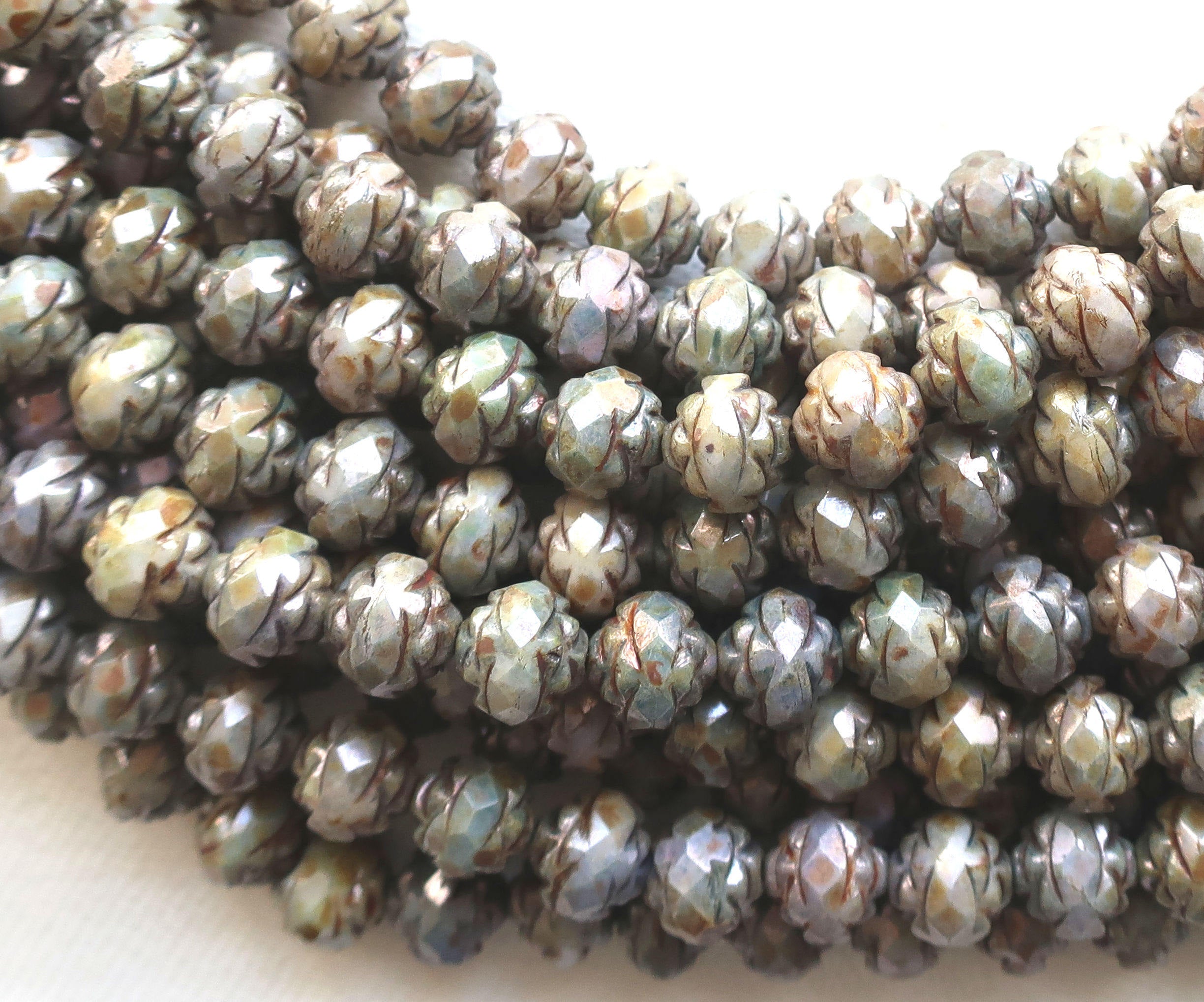 Twelve Opaque Green Luster Picasso 7 x 8mm Rosebud beads, rustic, faceted, fire polished, antique cut, Czech glass beads C2901