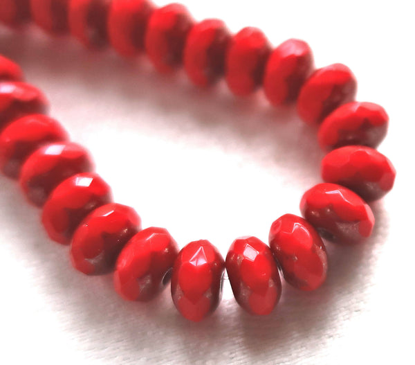 Lot of 25 Opaque Bright Red Picasso faceted puffy rondelle or donut beads, 5 x 7mm, Czech glass beads C16101