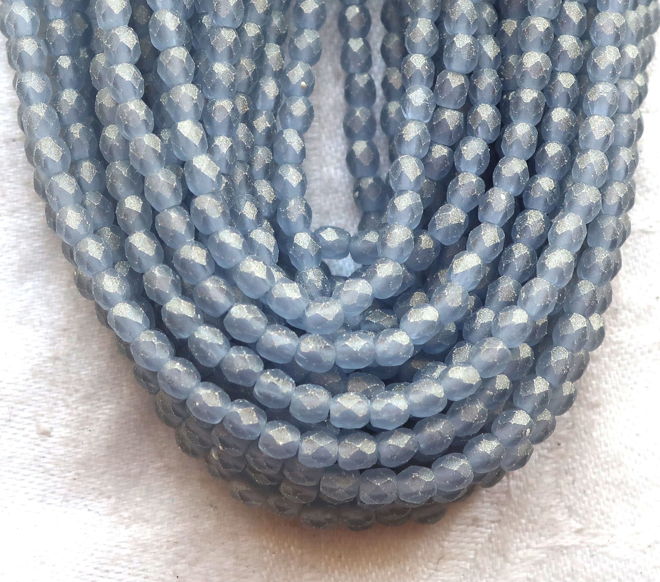 Lot of 50 3mm Czech glass beads, Sueded Gold Montana Blue, blue / gray firepolished faceted round beads C1550 - Glorious Glass Beads