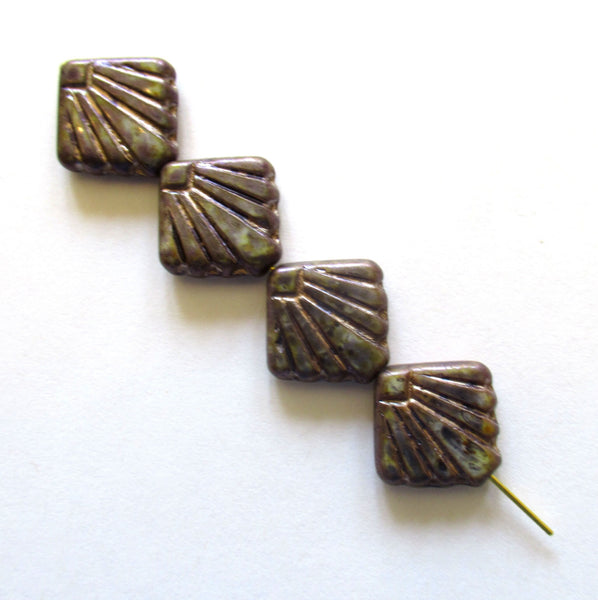 8 Czech glass square fan beads - 17 x 17mm - opaque purple beads with a splotchy rustic finish - C0089