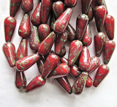 Ten large Czech glass teardrop beads - 9 x 18mm transparent Siam red p –  Glorious Glass Beads