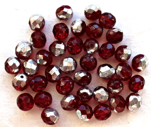 L0t of 25 8mm Ruby Red, Garnet & silvver Czech glass beads, firepolished, faceted round beads, C9625