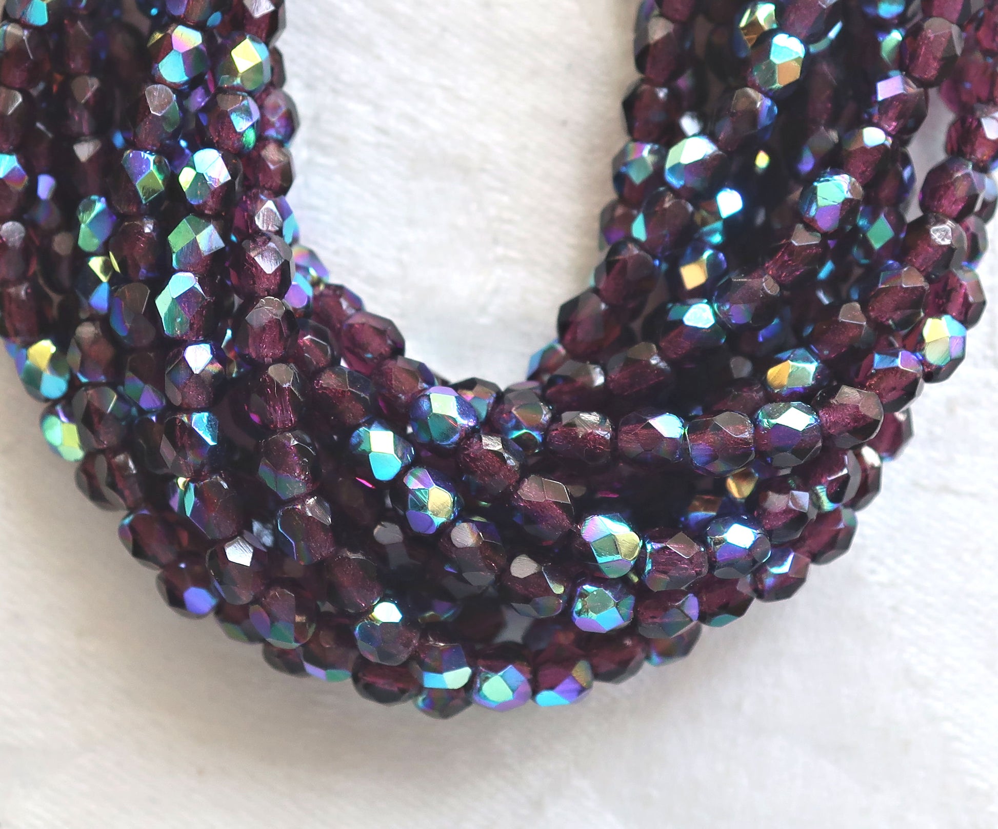 Lot of 50 4mm Dark Amethyst AB Czech glass beads, purple, amethyst, firepolished, faceted round beads, C8550 - Glorious Glass Beads