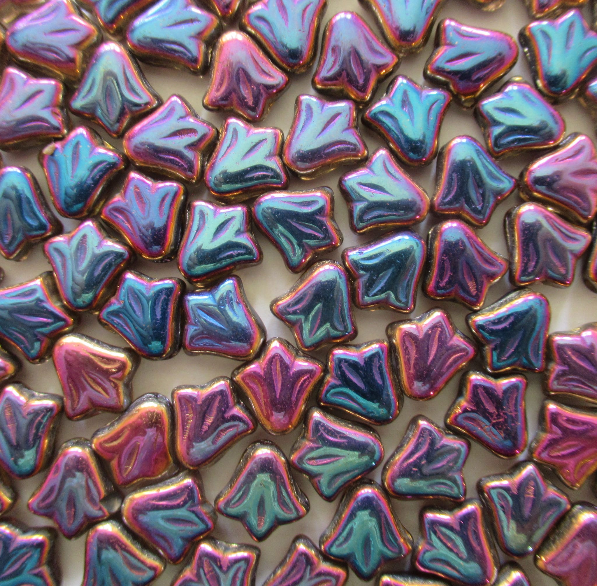 Lot of 25 9mm Czech glass flower beads - blue, pink & purple metallic rainbow pressed glass lily flower beads C0088