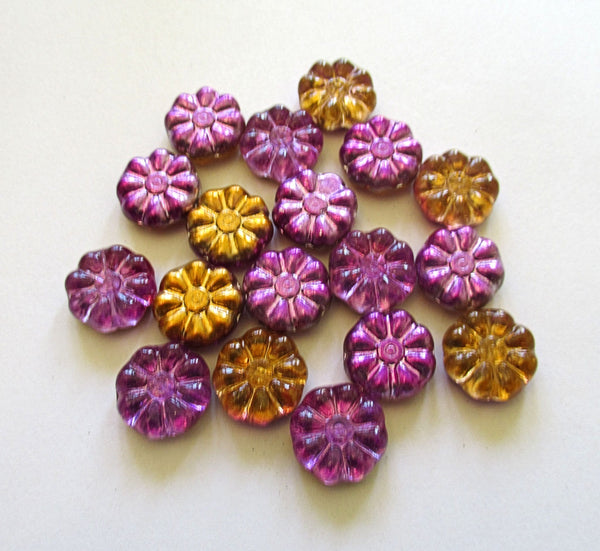 Ten 12mm Czech glass flower beads - metallic purple and orange pressed glass flowers - C0089
