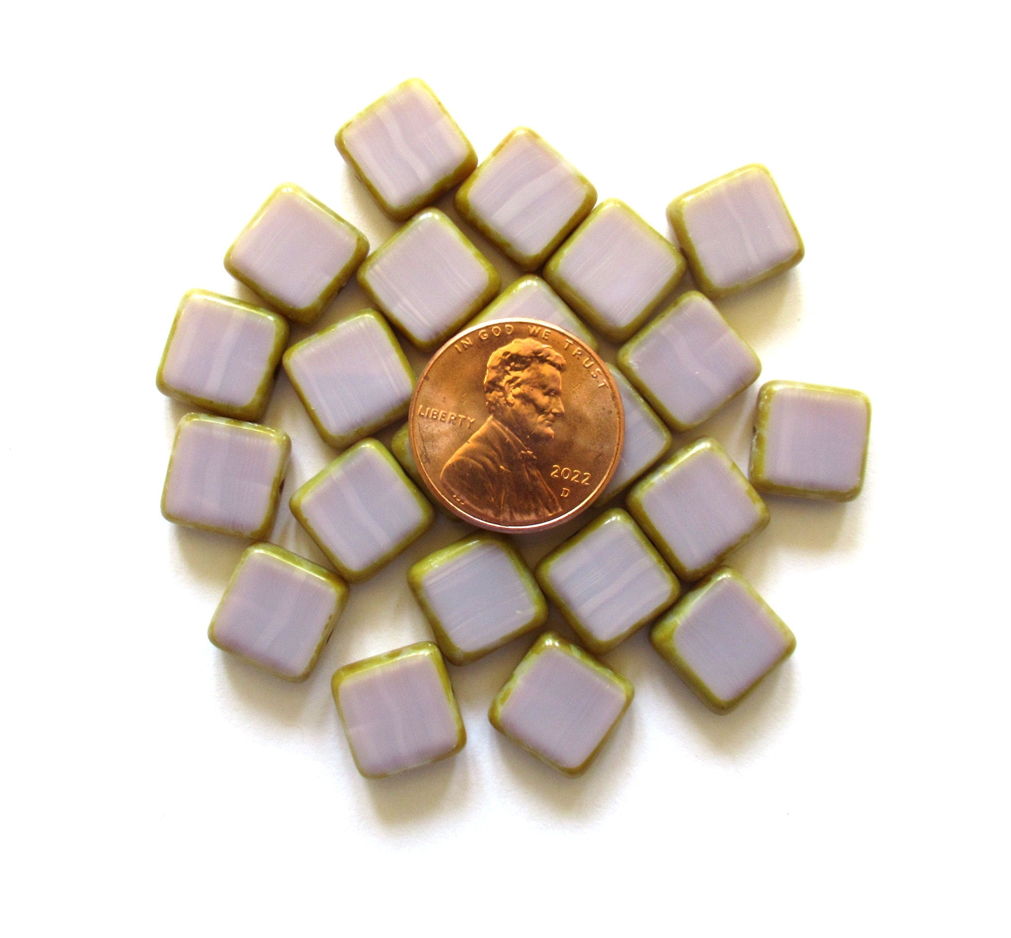 Fifteen Czech glass square beads - 10 x 10mm - opaque light purple / lavender - table cut beads - C00331