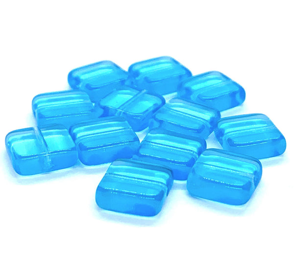Twenty 9mm square Czech glass beads - transparent aqua blue pressed glass beads C0004