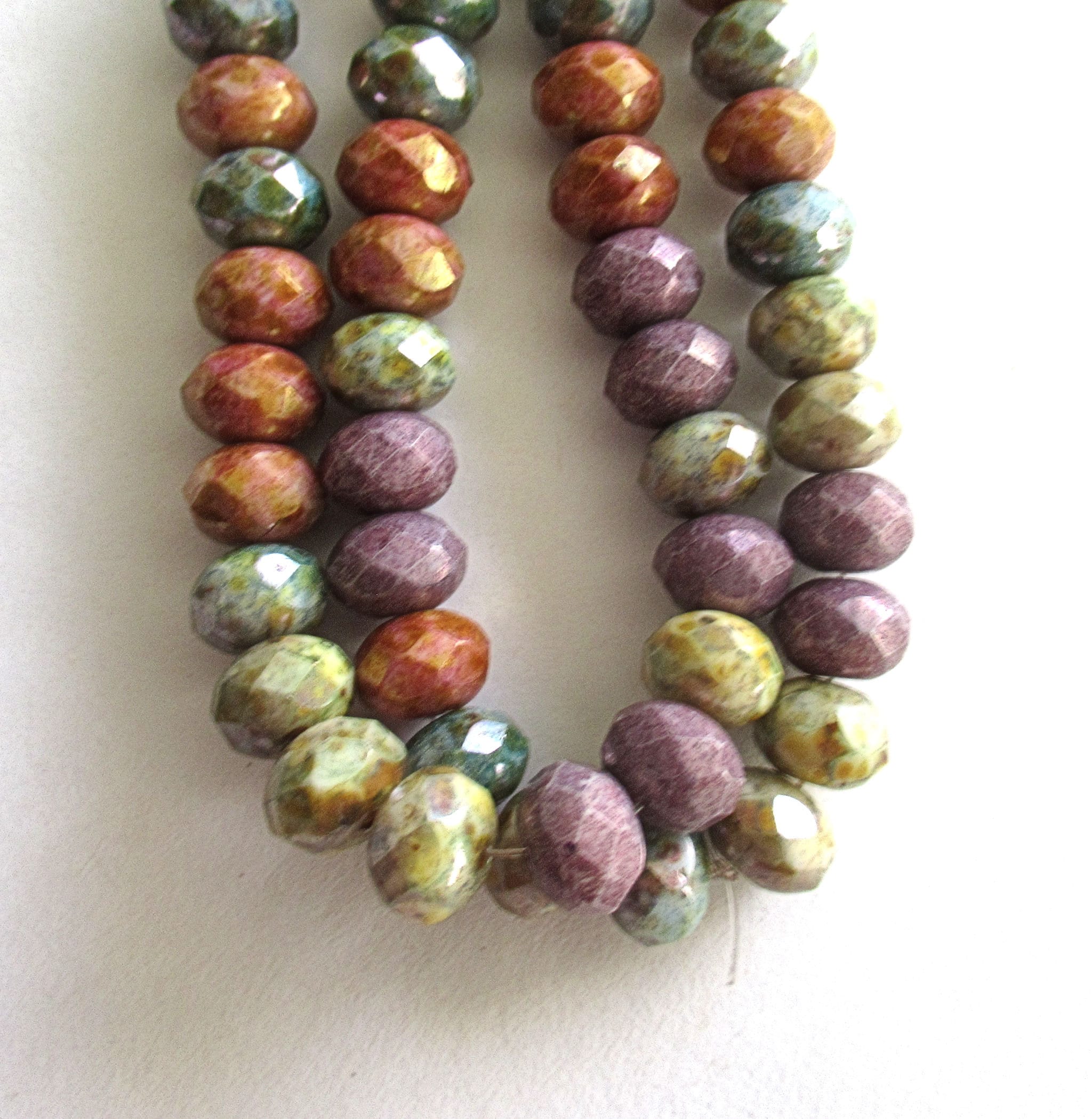 25 Czech glass faceted puffy rondelles - 6 x 8mm opaque color mix w/ picasso accents rondelle beads, 00003