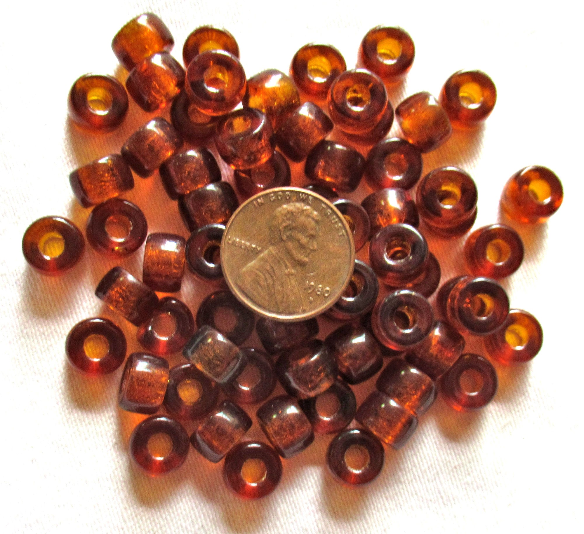 lot of 25 9mm Czech glass pony or roller beads - madera topaz large hole crow beads,