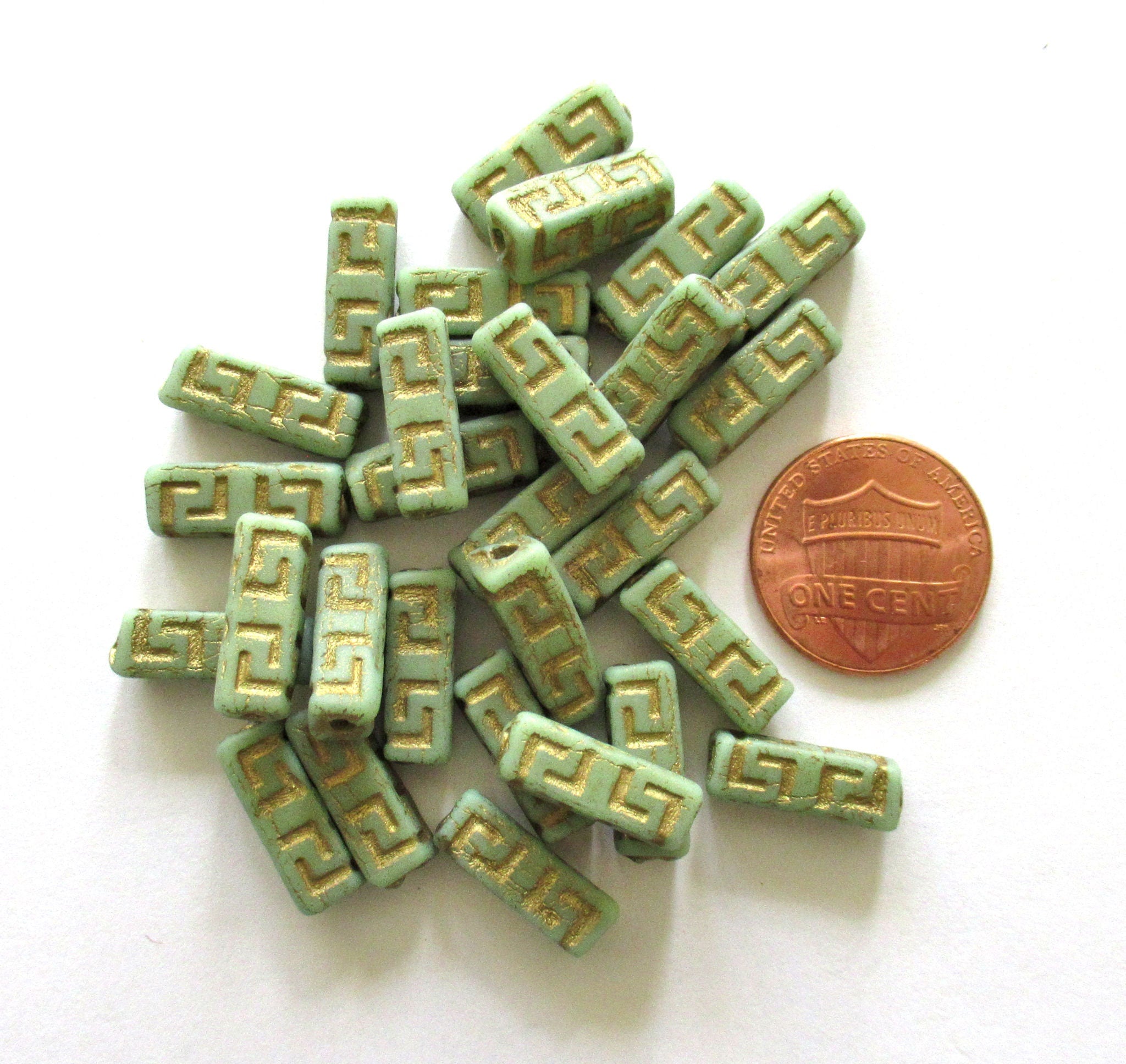12 Czech glass beads - squared tube beads - Celtic block beads - green with a gold wash - 15 x 5mm C0058