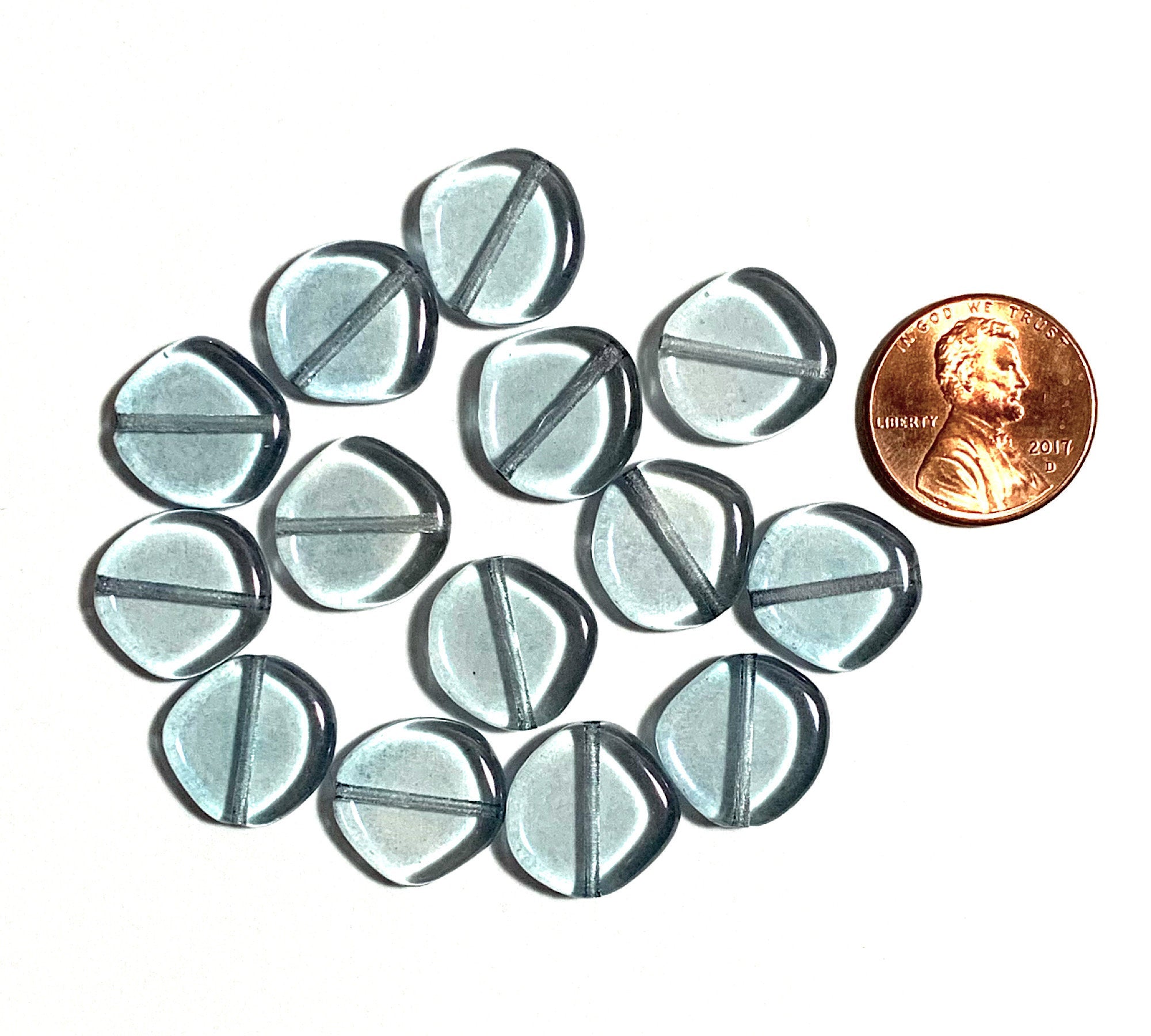 Ten 15mm Czech glass asymmetrical coin or disc beads - lumi blue beads - C0067