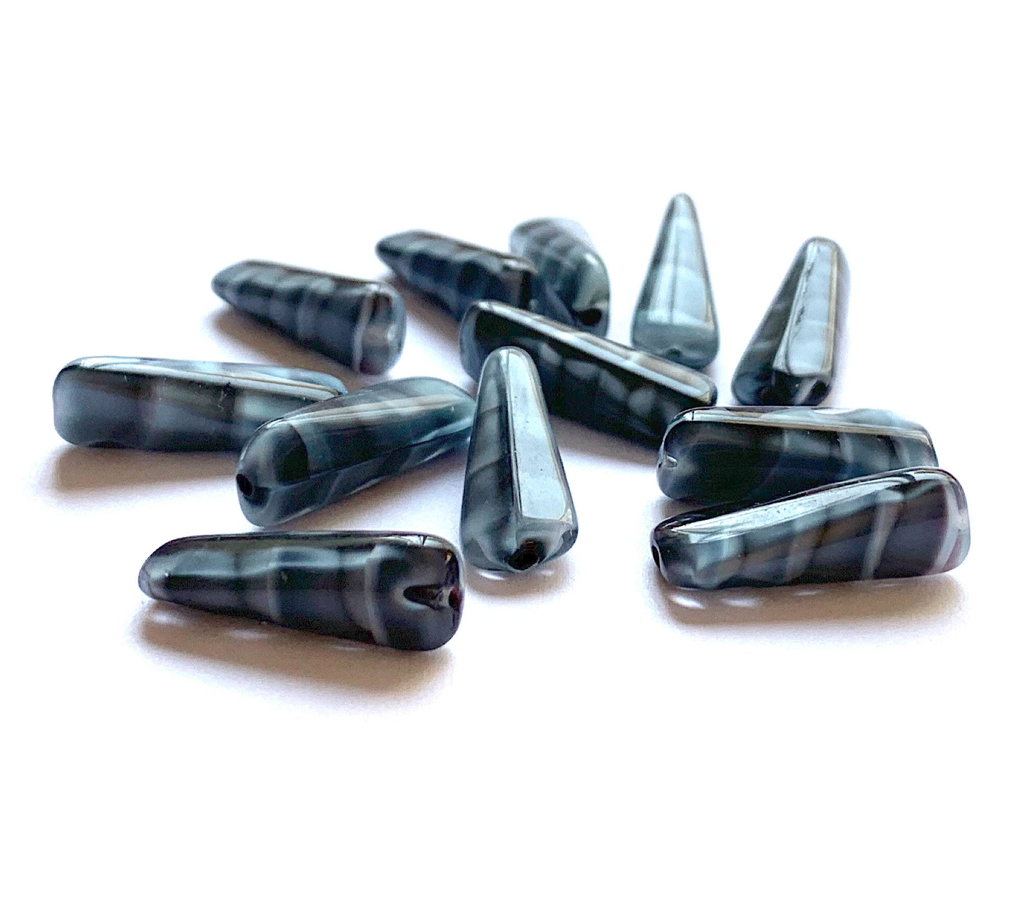 15 Czech glass triangle tube beads - 6 x 17mm marbled, striped blue & gray wedge shaped tube beads C0721