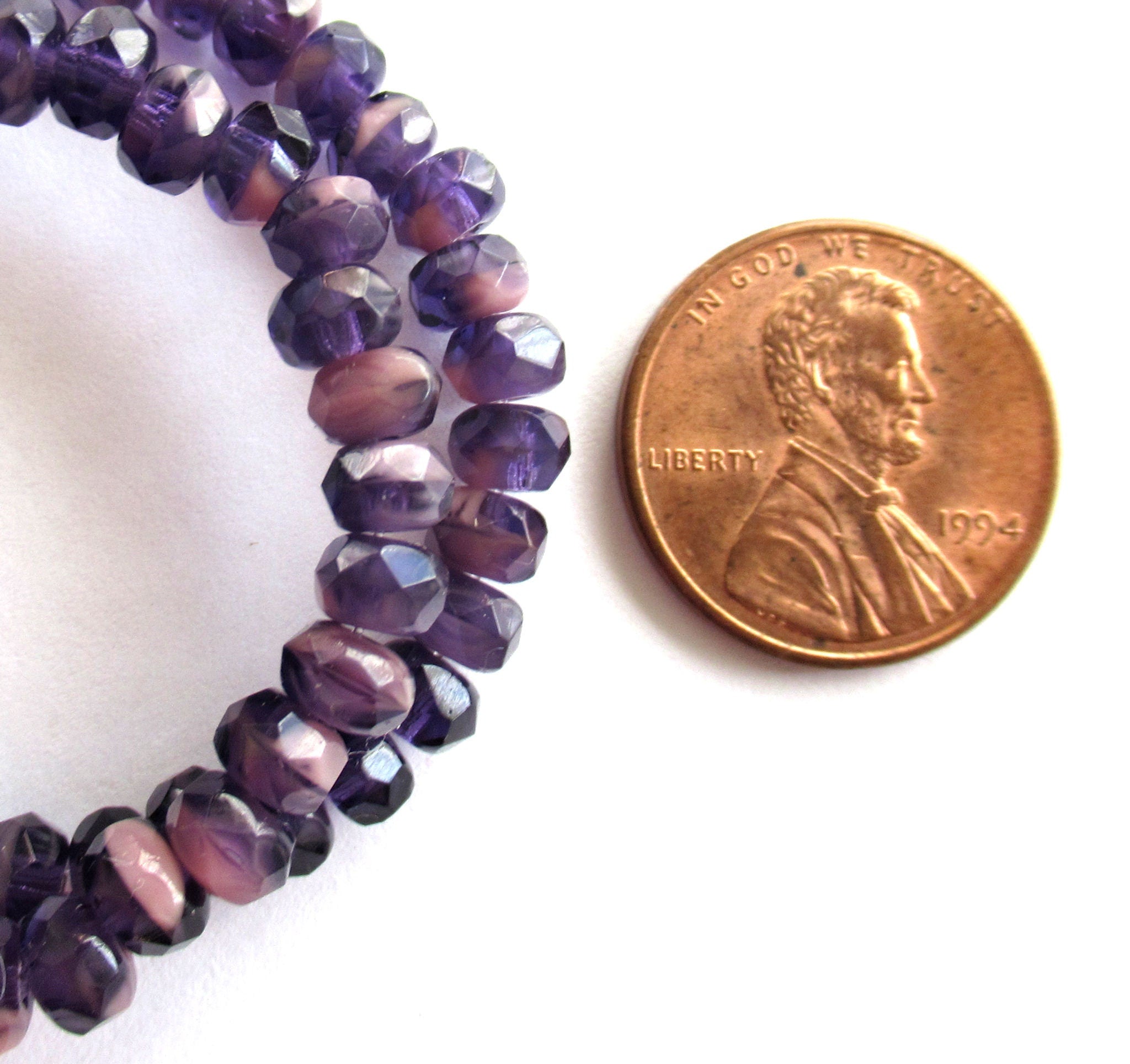 30 small Czech glass puffy rondelle beads - 3 x 5mm amethyst / purple / tanzanite & pink color mix faceted rondelles 00521