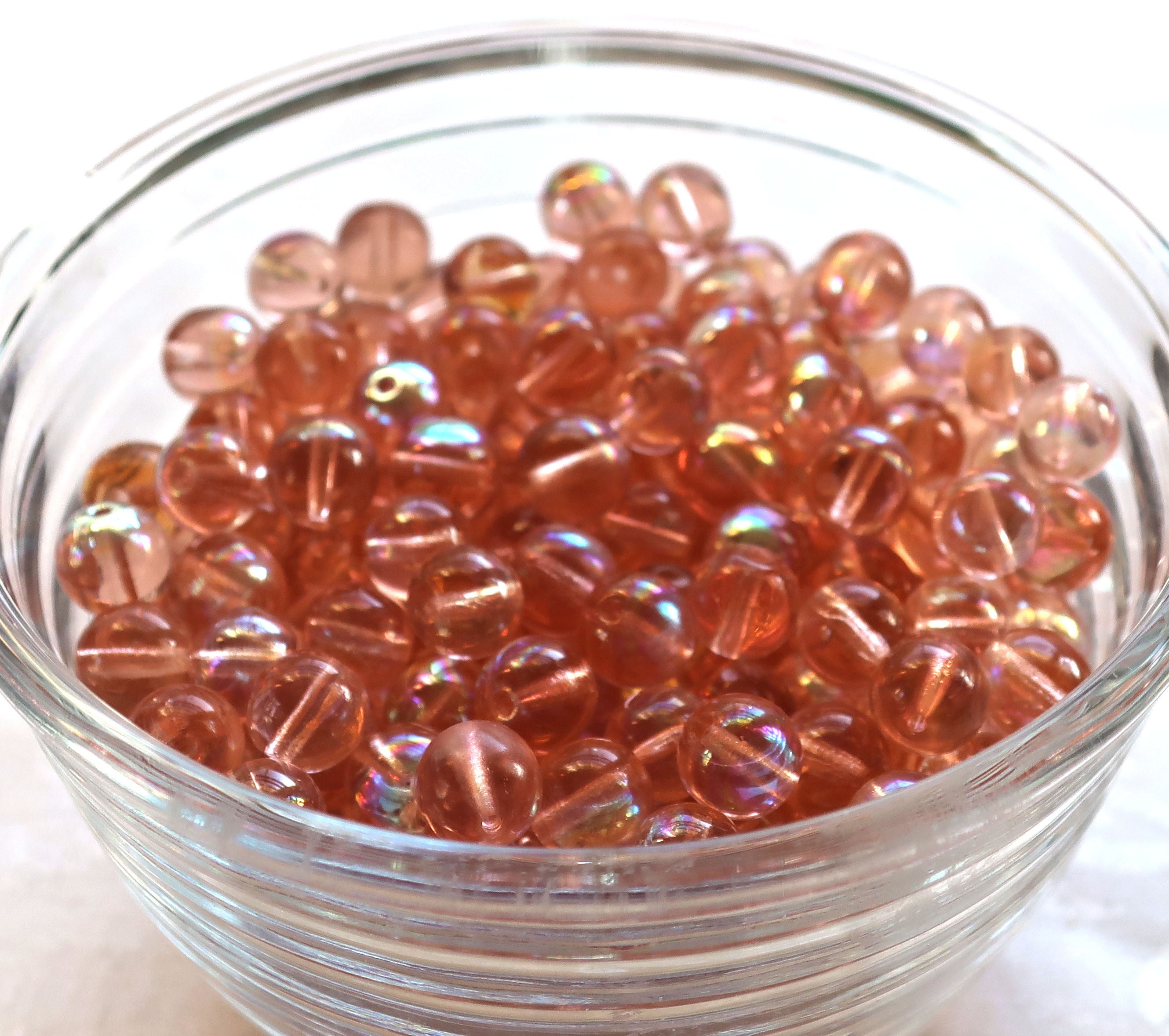 Lot of 25 8mm Chech glass druks, smooth round pink AB druk beads, C3425 - Glorious Glass Beads