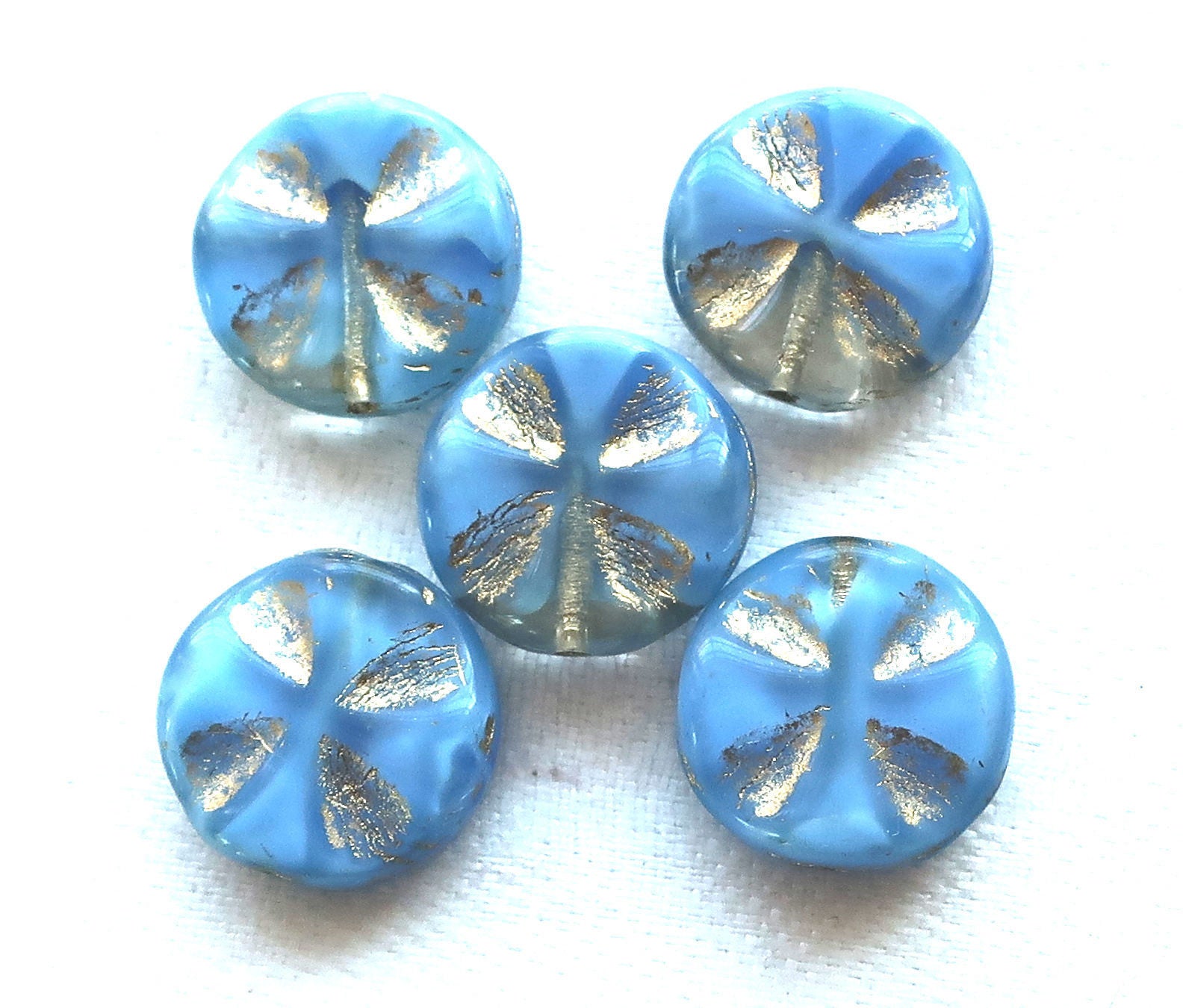 Five Czech glass coin beads, 14mm opaque blue & clear glass with gold accents, table-cut, carved, disc beads, Celtic, Iron cross C5701 - Glorious Glass Beads