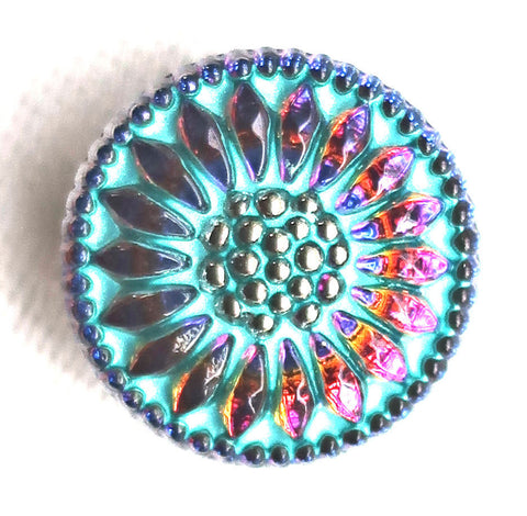 One 18mm Czech glass button, iridescent pink & yellow sunflower with a turquoise wash, floral decorative shank button 52201 - Glorious Glass Beads