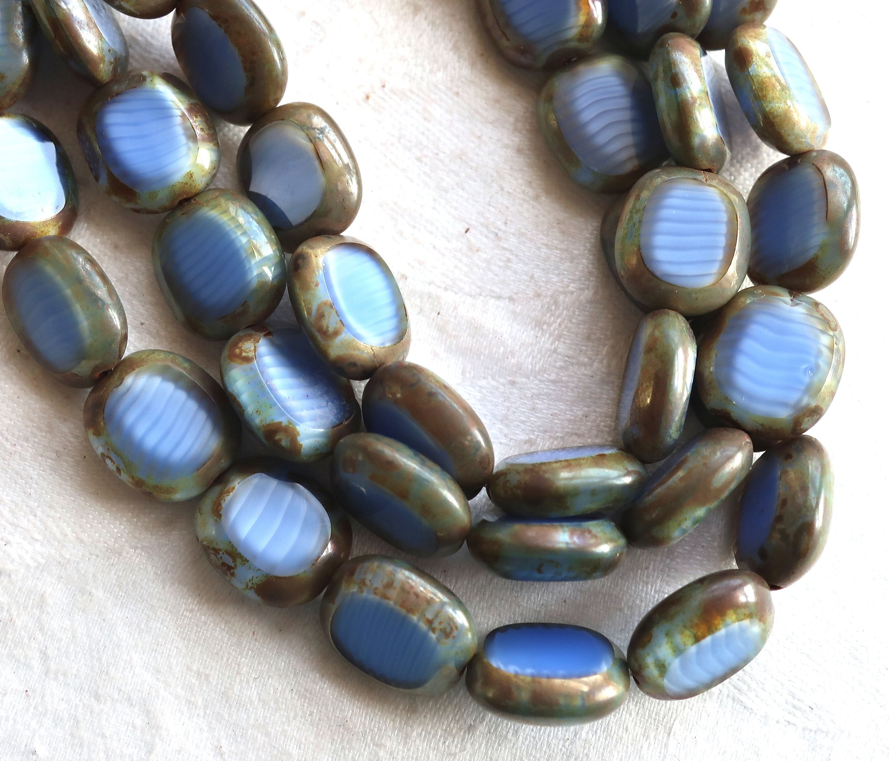 five lage oval Czech glass beads, 14 x 12mm opaque mabled blue & white glass, flat tablecut window beads with a picasso finish C00101 - Glorious Glass Beads