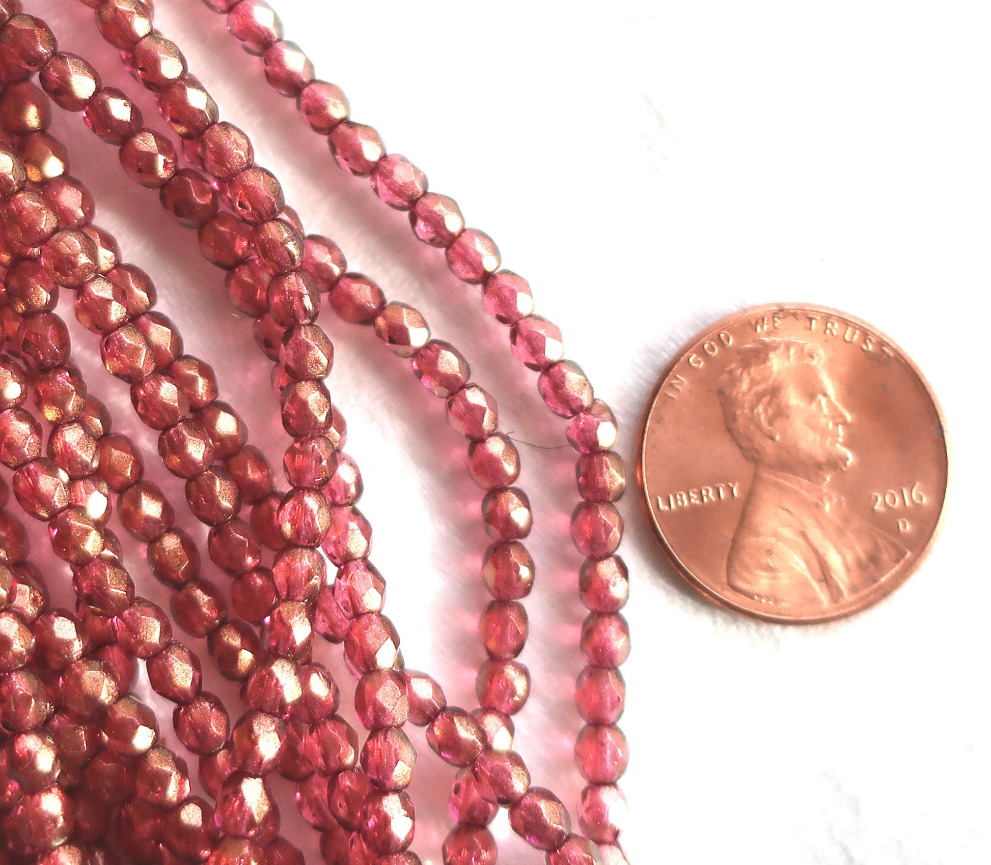 Lot of 50 3mm Halo Cherub Czech glass beads, pink firepolished, faceted round beads with a transparent gold finish, C8701 - Glorious Glass Beads