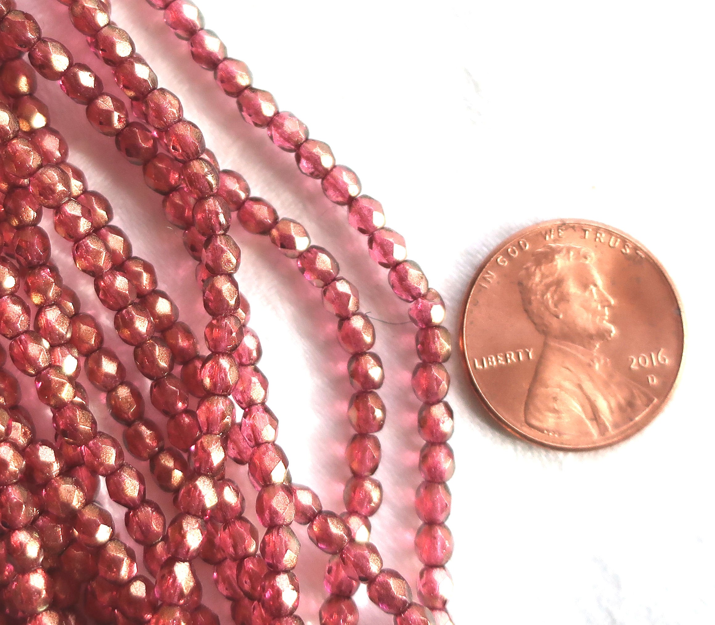 Lot of 50 3mm Halo Cherub Czech glass beads, pink firepolished, faceted round beads with a transparent gold finish, C8701 - Glorious Glass Beads