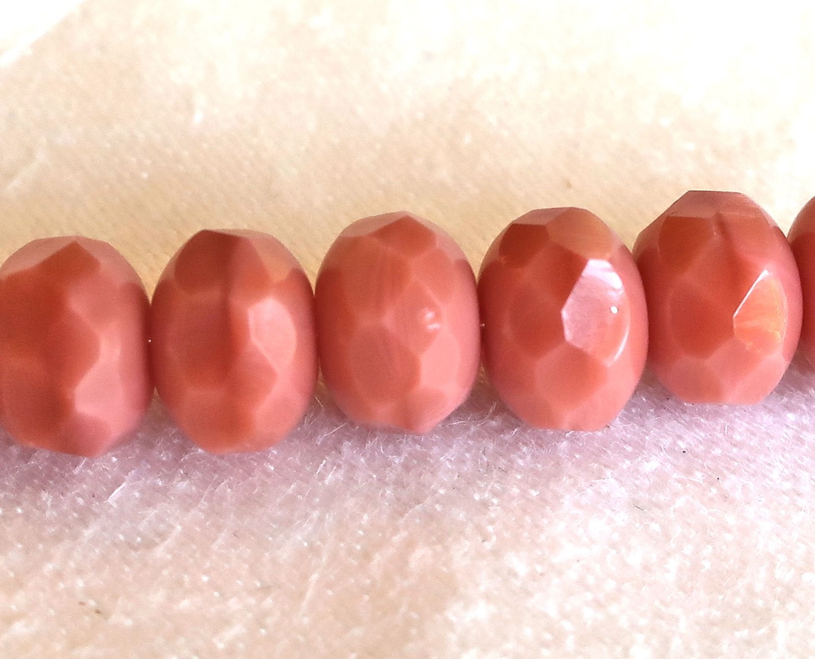25 Czech glass faceted puffy rondelle beads, 6 x 8mm opaque silky salmon pink rondelles on sale 57101 - Glorious Glass Beads