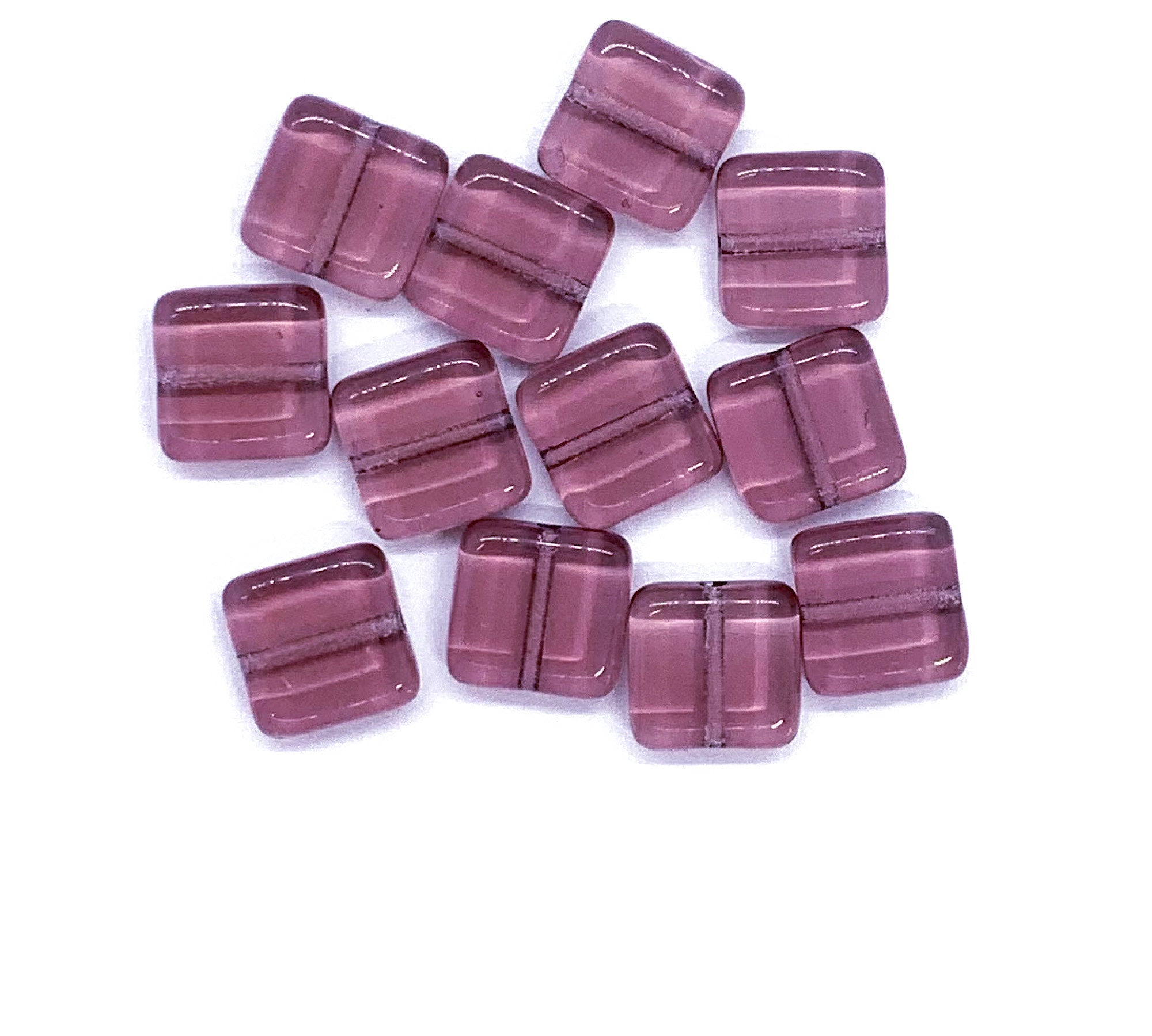 Twenty 9mm square Czech glass beads - transparent purple amethyst pressed glass beads C0004