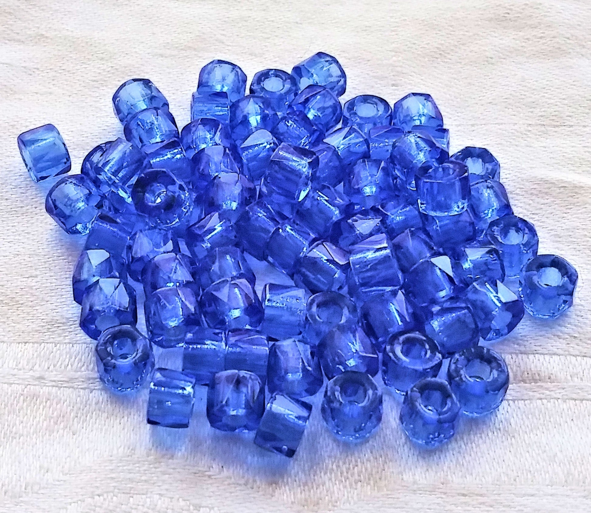 50 6mm Czech transparent medium sapphire blue, faceted pony, roller beads, large hole fire polished crow beads, C52150 - Glorious Glass Beads