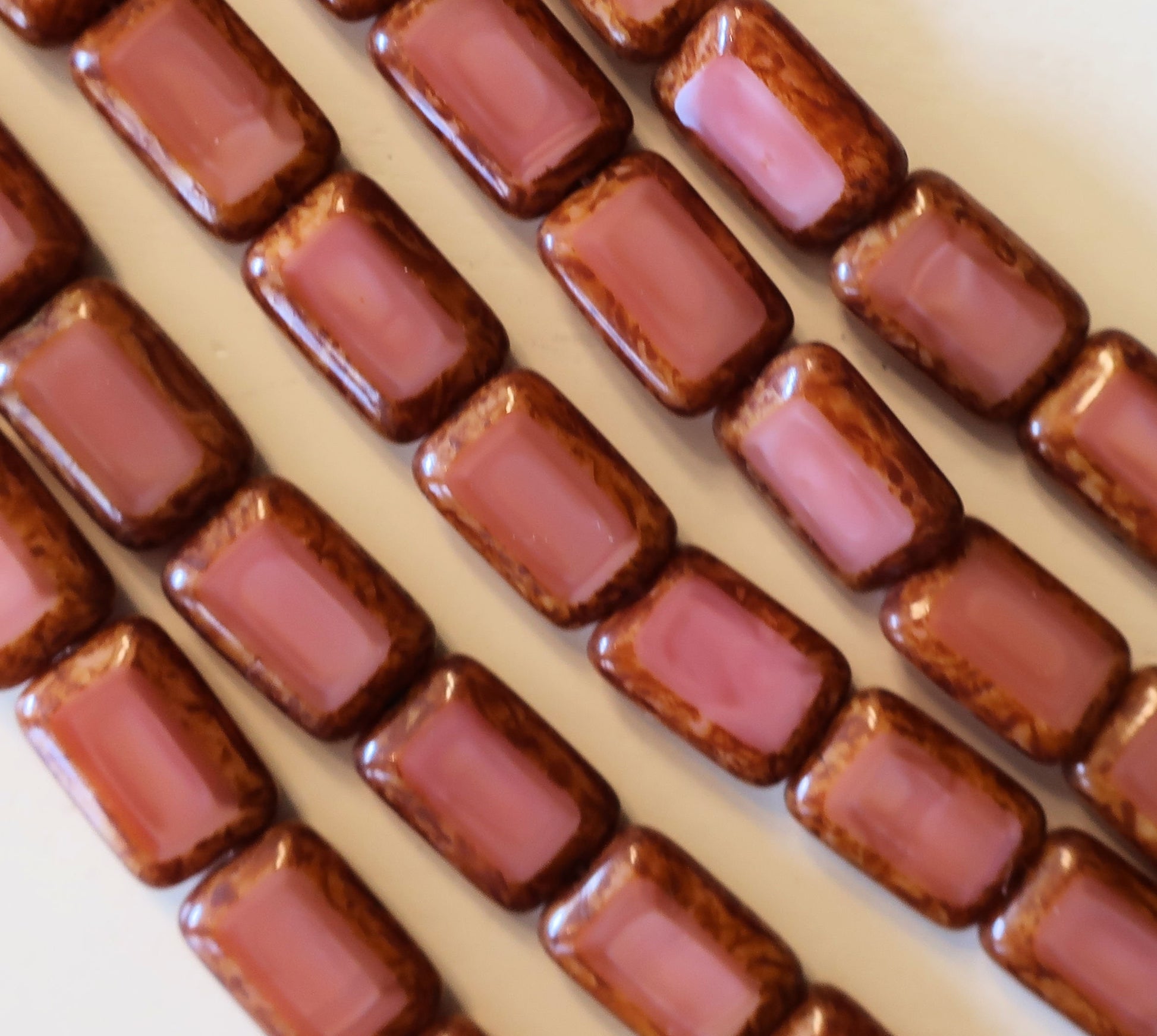 Lot of 24 Czech glass rectangle beads - table cut opaque silky pink Picasso Czech glass rectangular beads, 12mm x 8mm, C16101 - Glorious Glass Beads