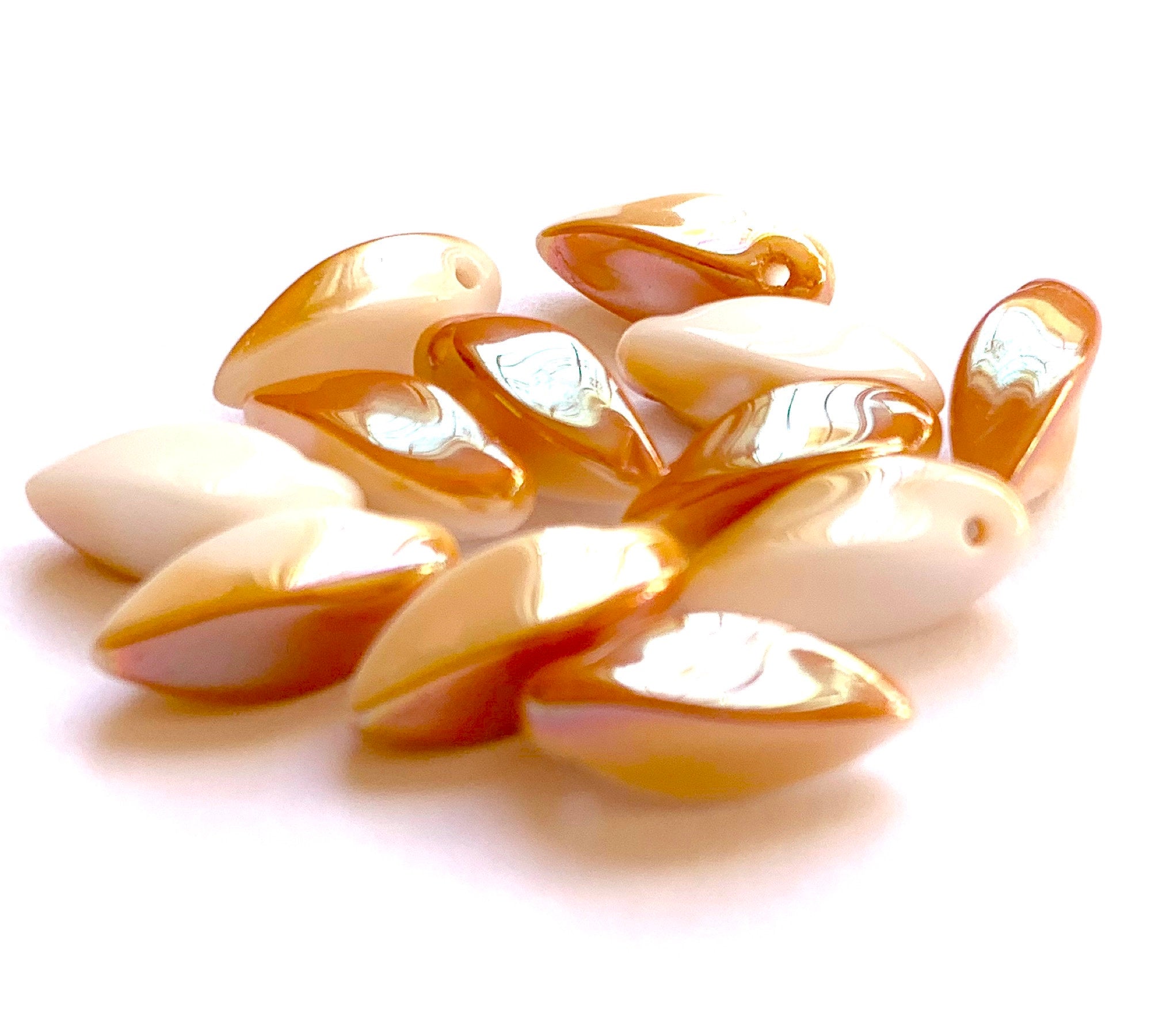 20 Czech glass twisted teardrop, petal or dagger beads - top drilled 6 x 12mm apricot white mix pressed glass beads C0201