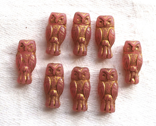 Lot of 10 small Czech glass owl beads, Rose Gold, translucent rosaline pink with a gold wash, two sided earring beads, 15mm x 7mm 0801