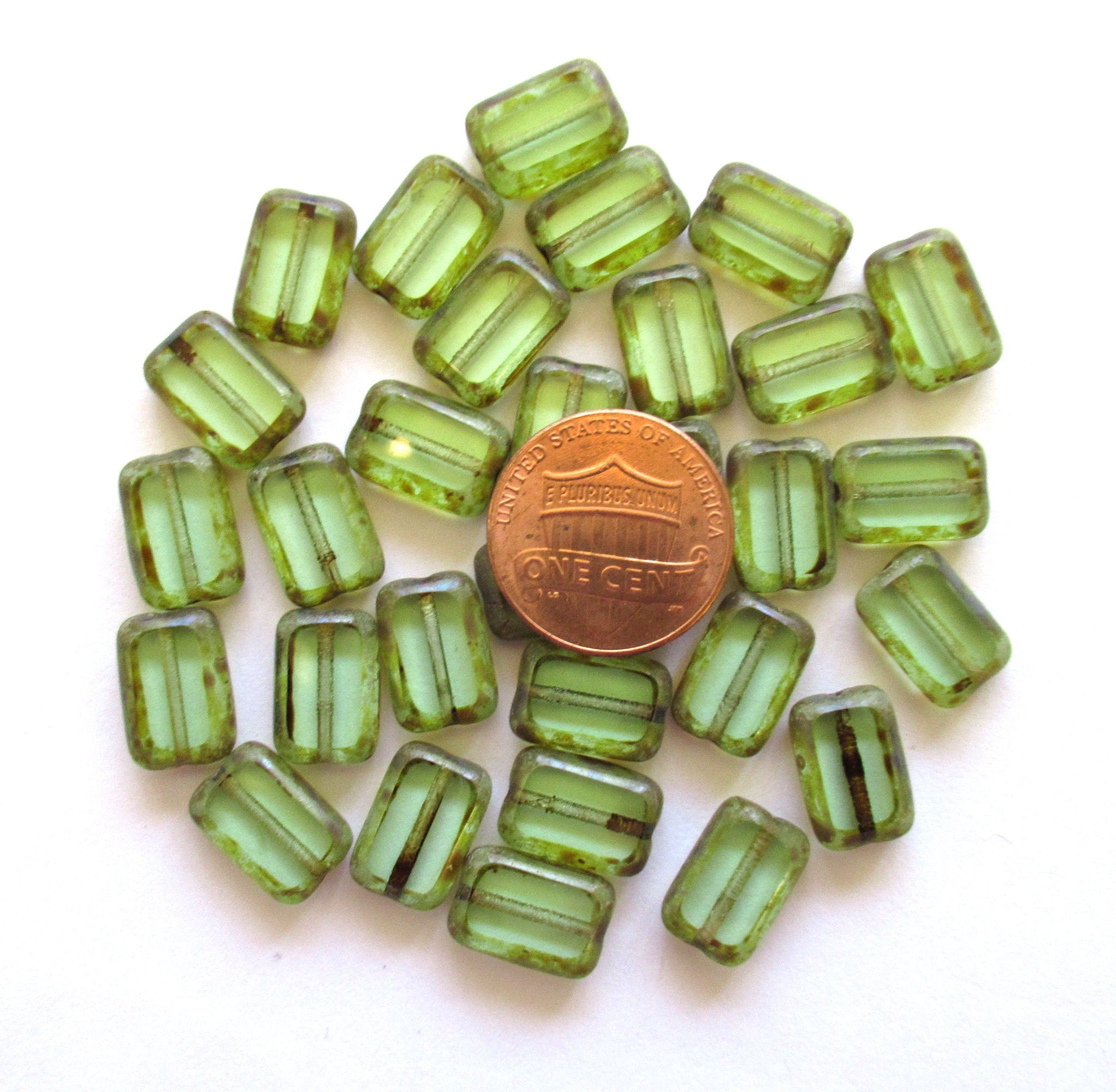 Lot of ten rectangular, table cut Czech glass beads - light peridot green picasso rectangle beads - 12mm x 8mm - C0068