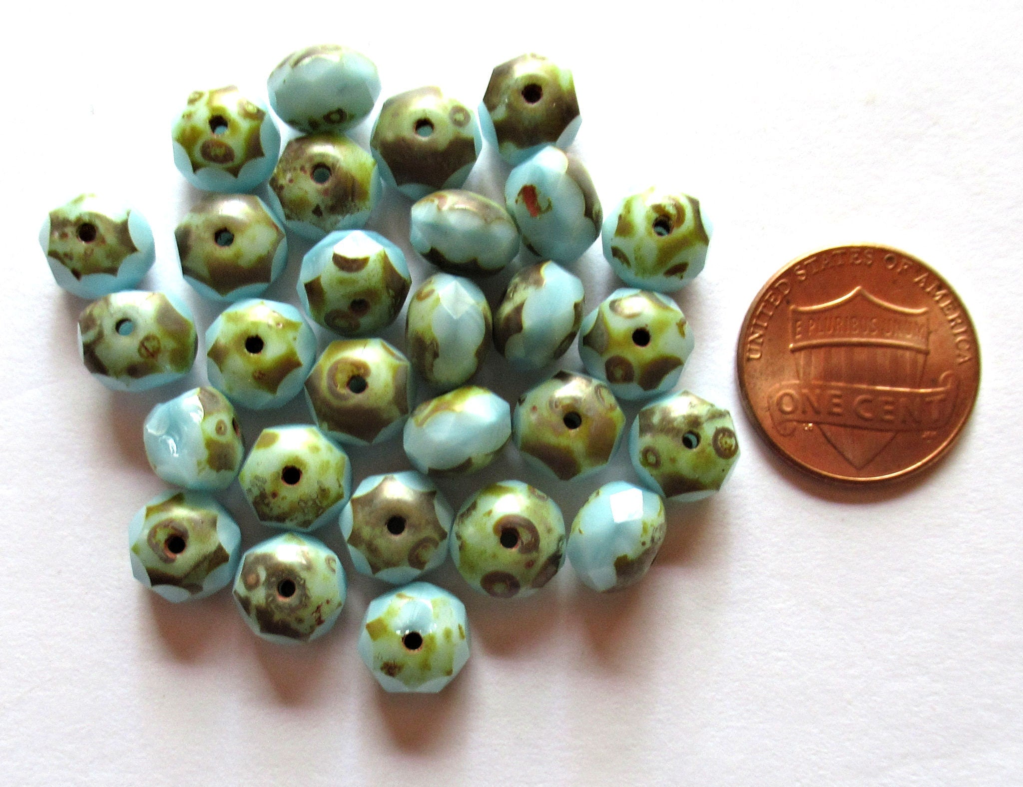 25 Czech glass faceted puffy rondelle beads - 6 x 8mm sky blue picasso rondelles C0551