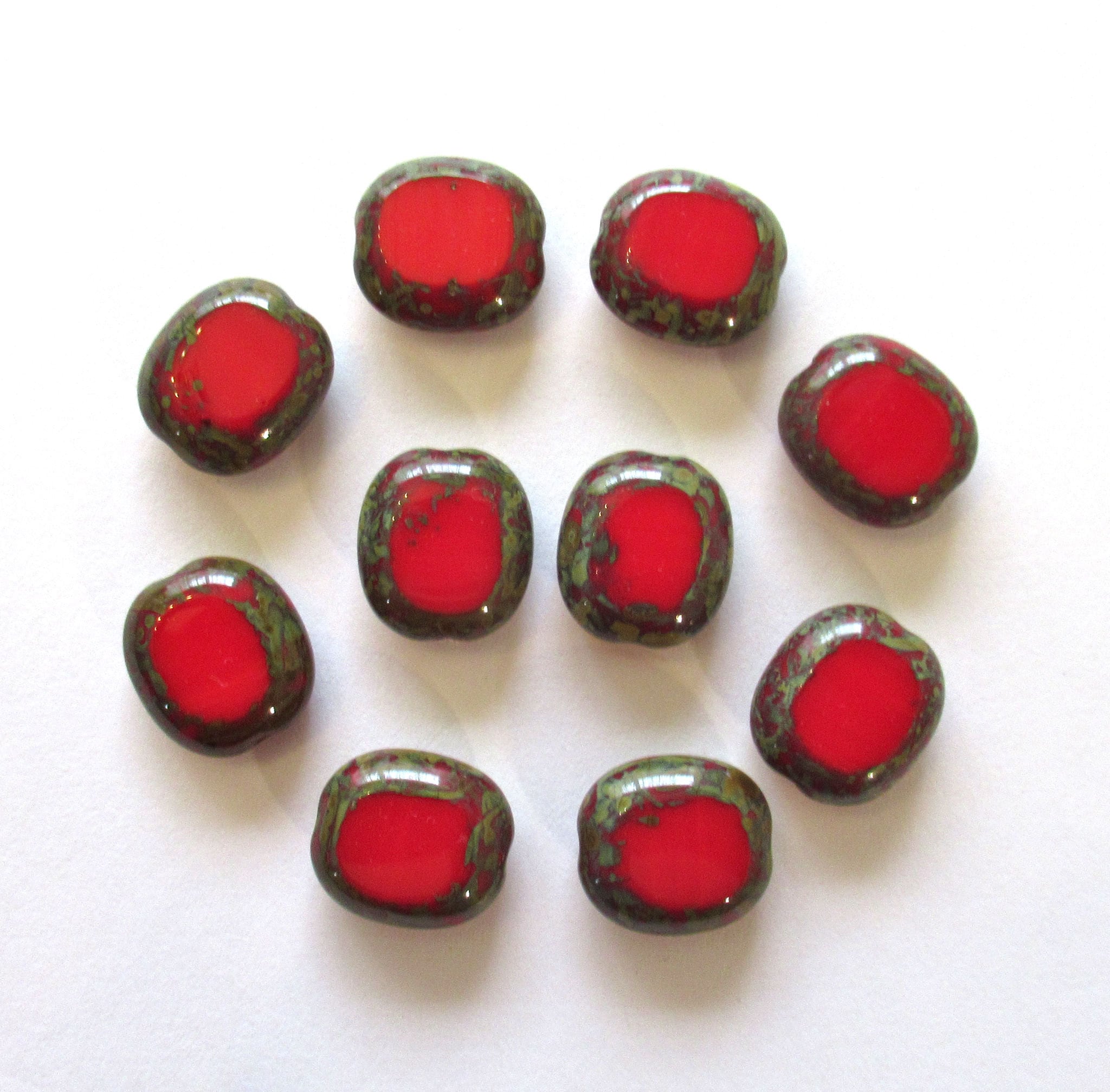 Ten Czech Glass oval beads - 14 x 12mm opaque red picasso table cut window beads beads C00711
