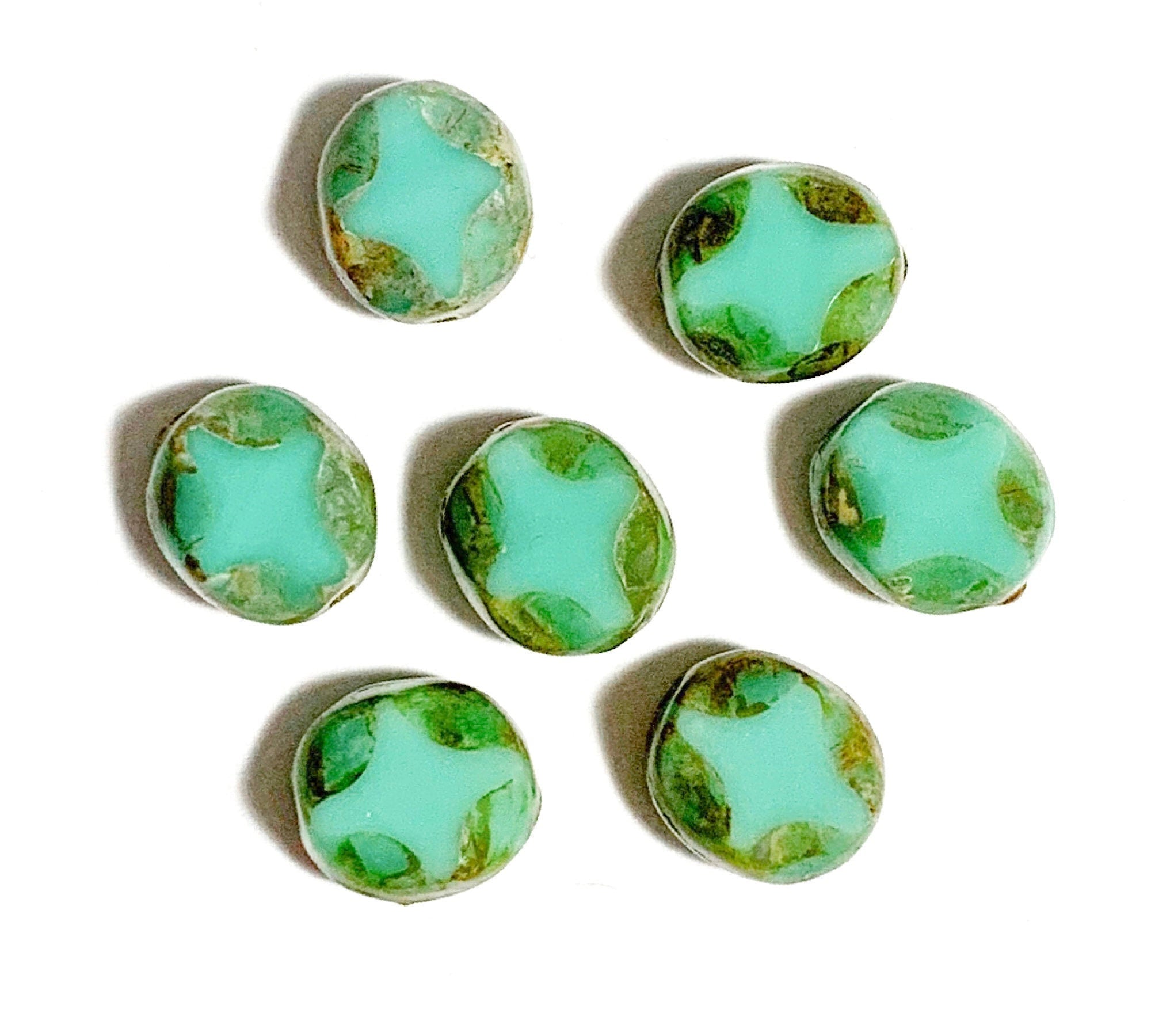 15 Czech glass oval beads - 9 x 8mm turquoise green with a Picasso finish - carved table cut with a diamond pattern beads C0571