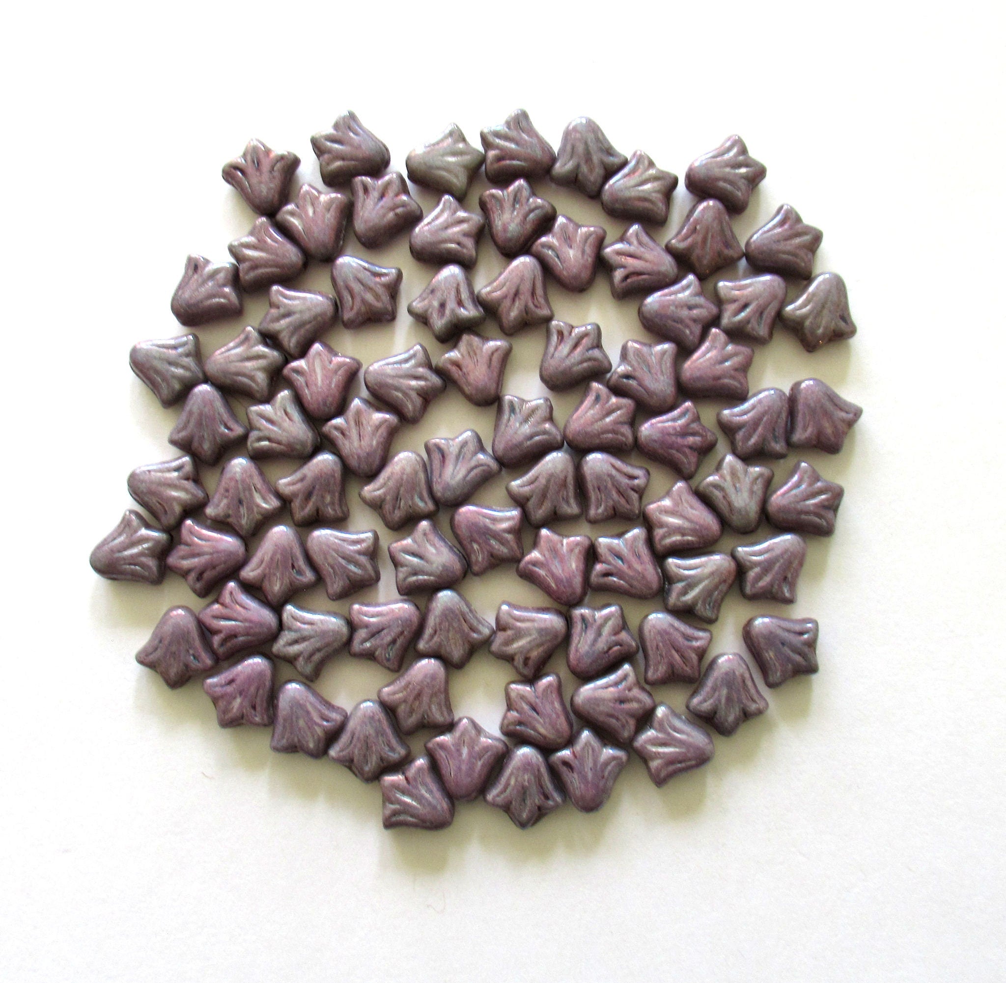 Lot of 25 9mm Czech glass flower beads - opaque purple amethyst pressed glass lily flower beads C0047