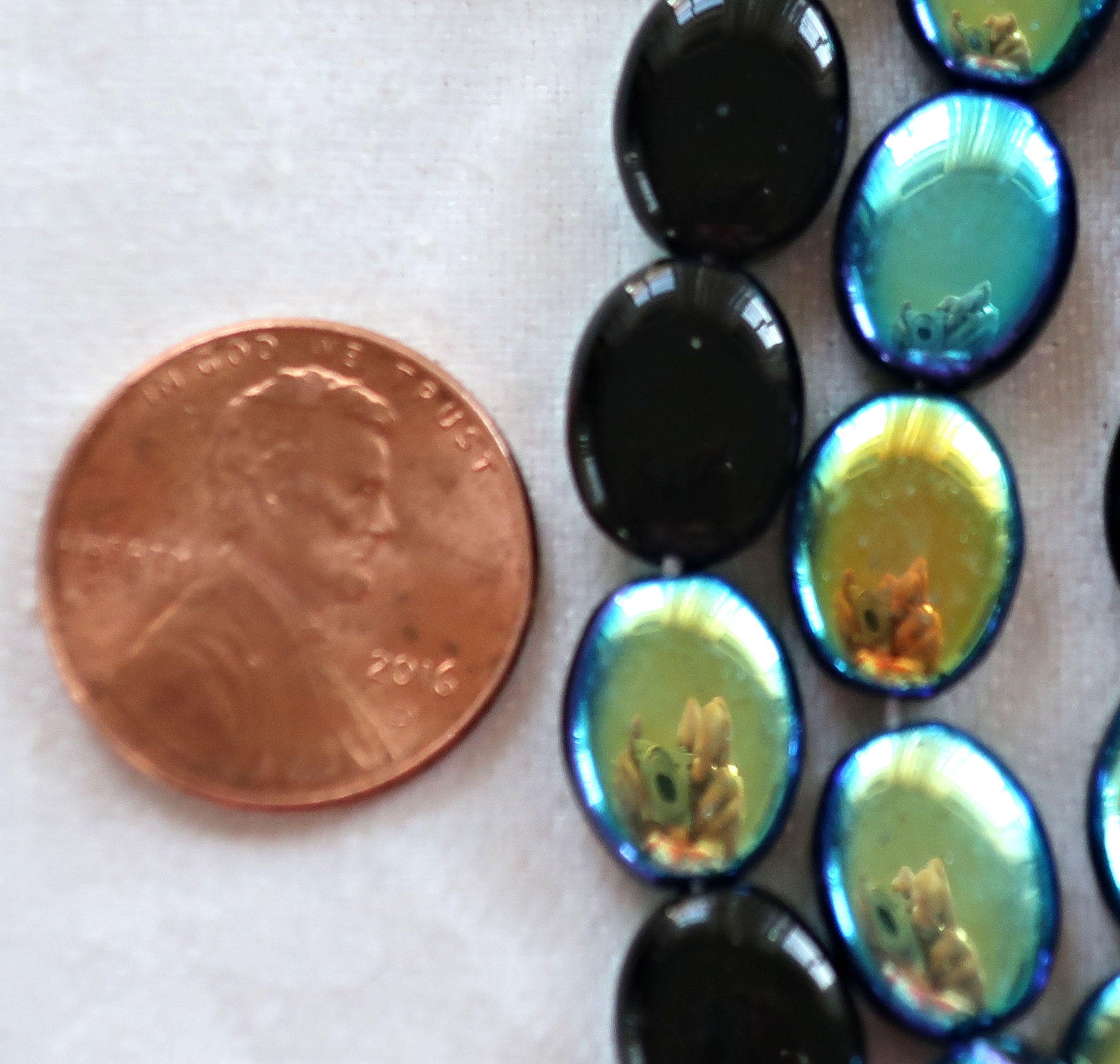 25 Jet Black AB flat oval Czech Glass beads, 12mm x 9mm pressed glass beads C5325 - Glorious Glass Beads